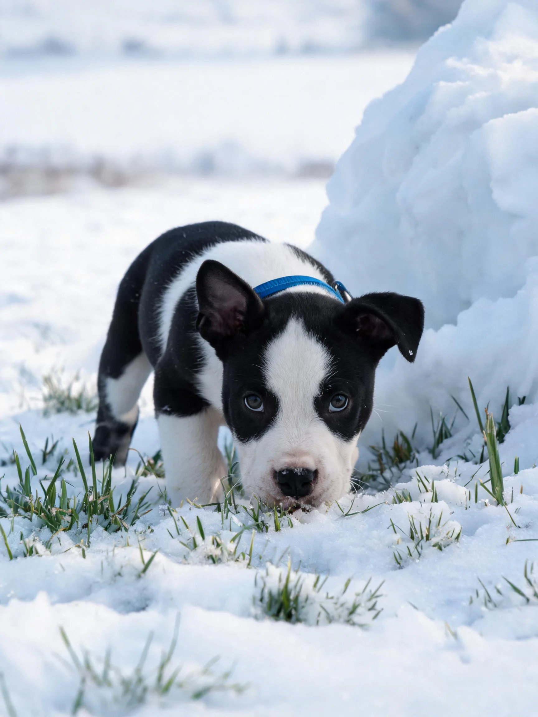 黑白边境牧羊犬幼犬低头靠近雪地,蓝色项圈清晰可见,黑白相间的被毛与雪地形成鲜明对比。