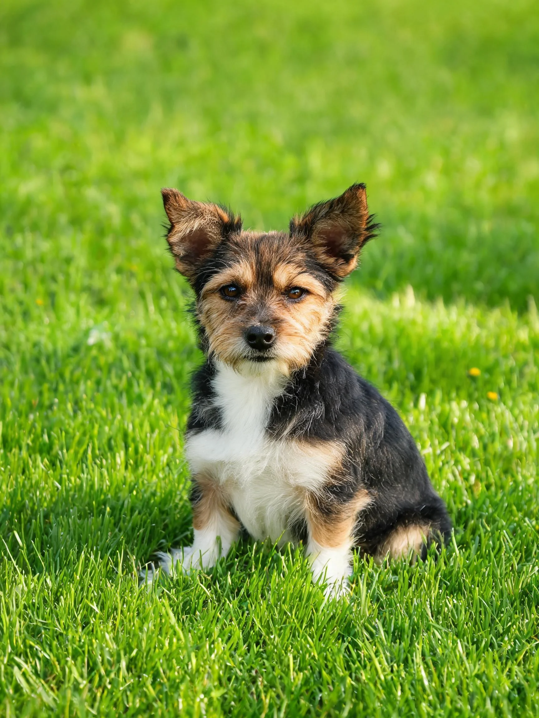 三色小型混血梗类犬有着黑棕白相间的毛发,竖立的耳朵和专注的眼神清晰可见。