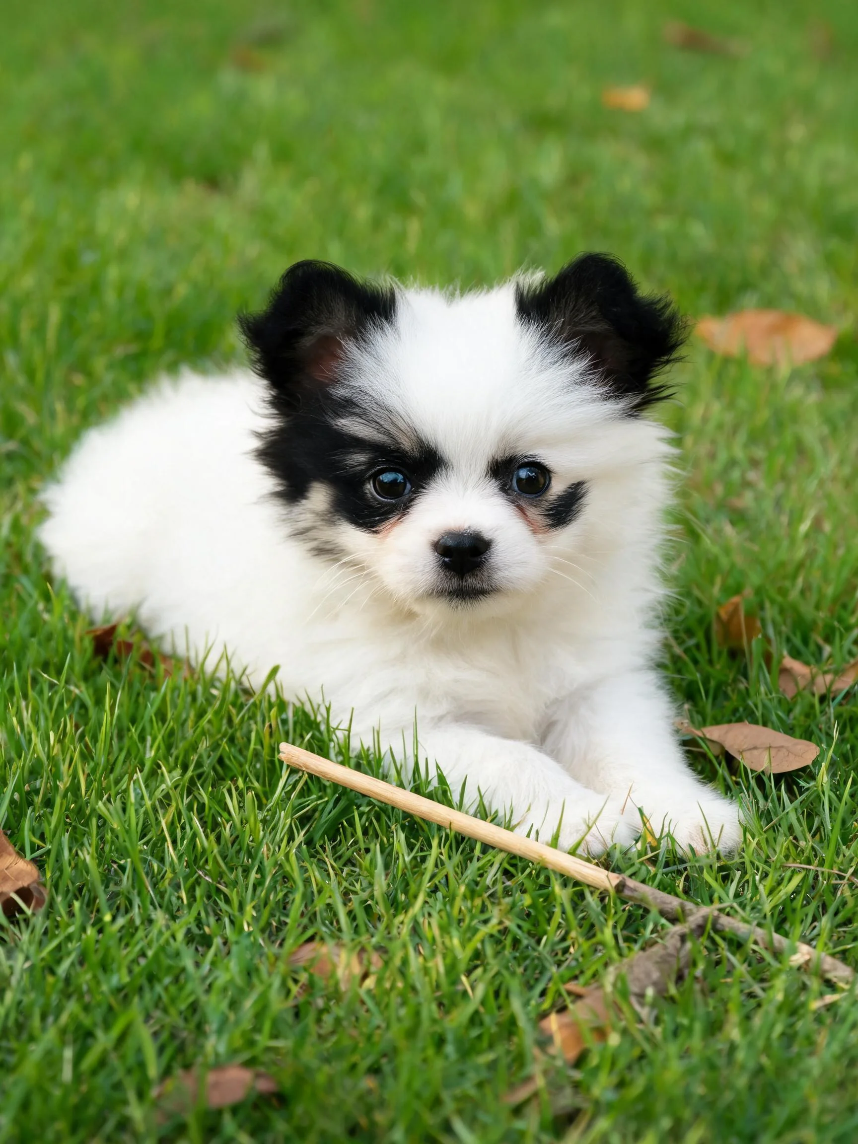 一只黑白毛色的博美幼犬趴在绿色的草地上,黑色的耳朵和脸部斑纹清晰可见,白色的身体毛发蓬松柔软。