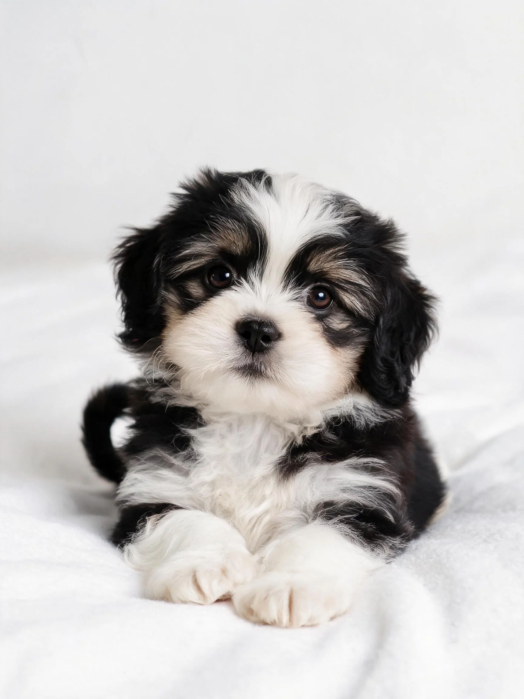 哈瓦那犬安静趴卧在白色表面，黑白毛色分明，眼神温和可爱。