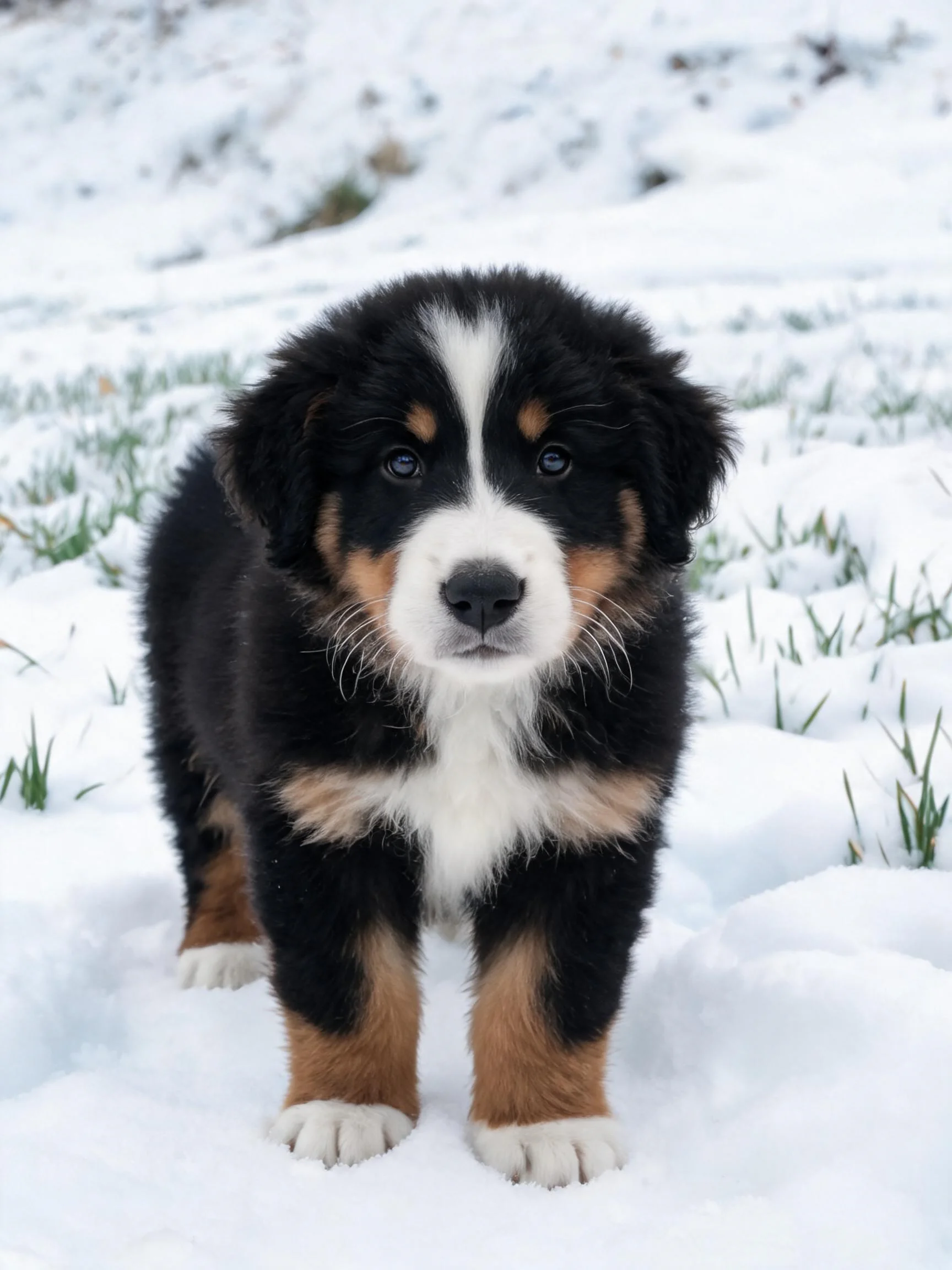 伯恩山幼犬有着黑棕白相间的浓密毛发,正安静地站立在雪地之上。