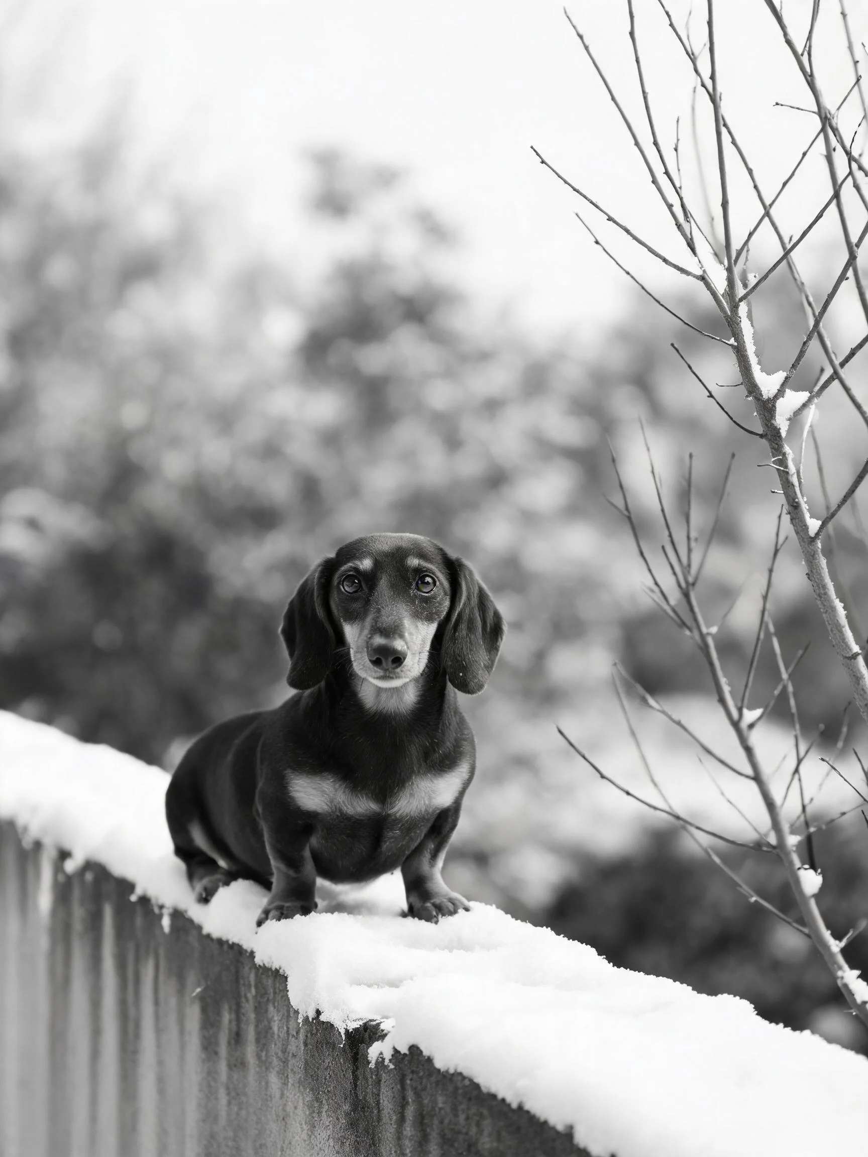 腊肠犬趴在覆雪的石质围栏上,黑色带浅棕斑纹的被毛清晰可见,耳朵下垂。