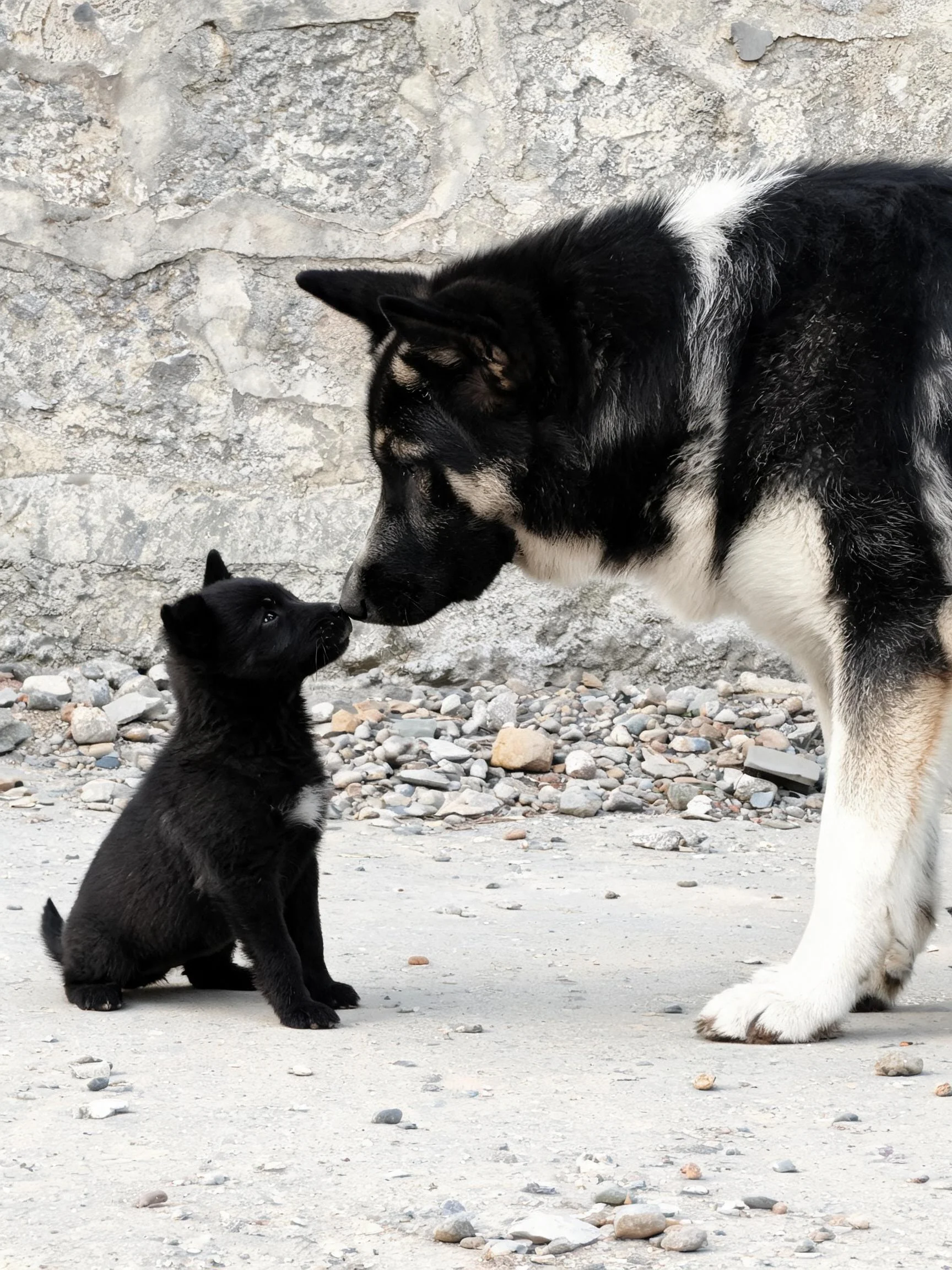 德国牧羊犬混种犬低头靠近纯黑色幼犬,黑白色系的毛发清晰纯黑色形成鲜明对比,鼻尖即将接触的状态清晰可见。