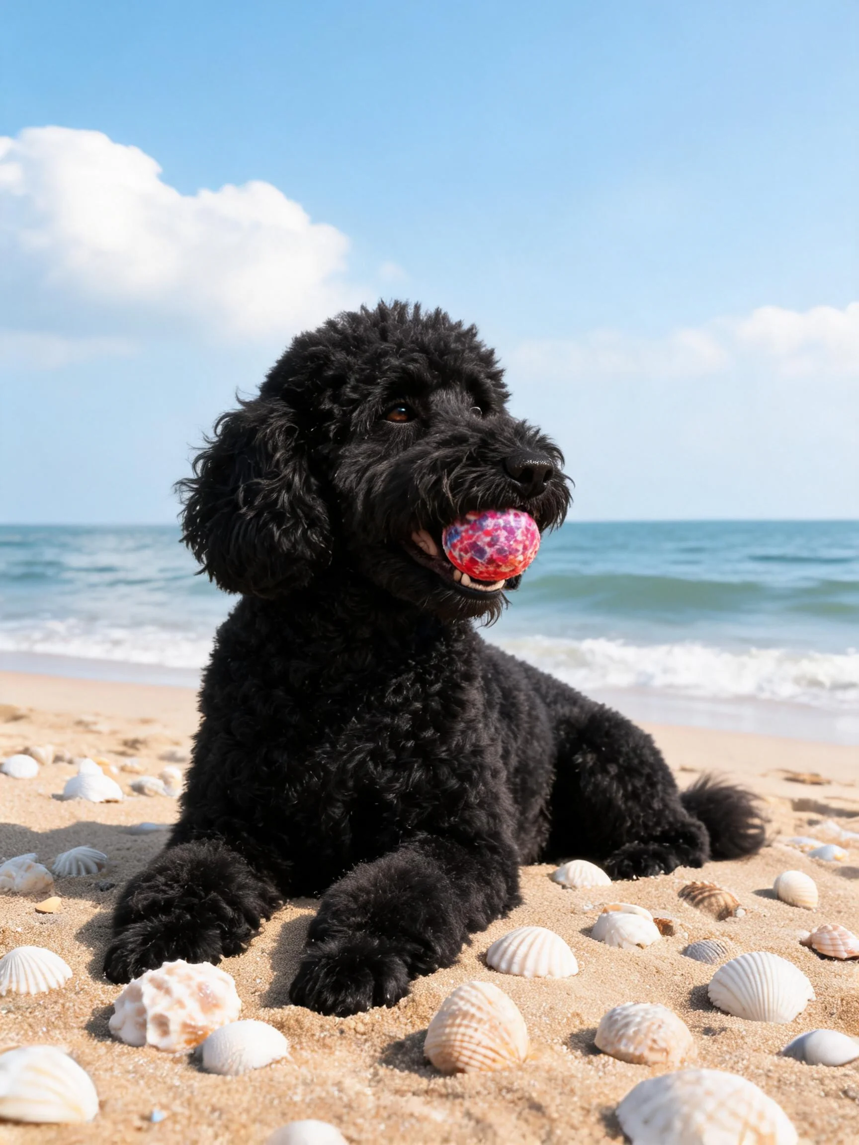 拉布拉多贵宾犬叼着带有花纹的彩色小球,浓密卷曲的黑毛贴在沙滩上。