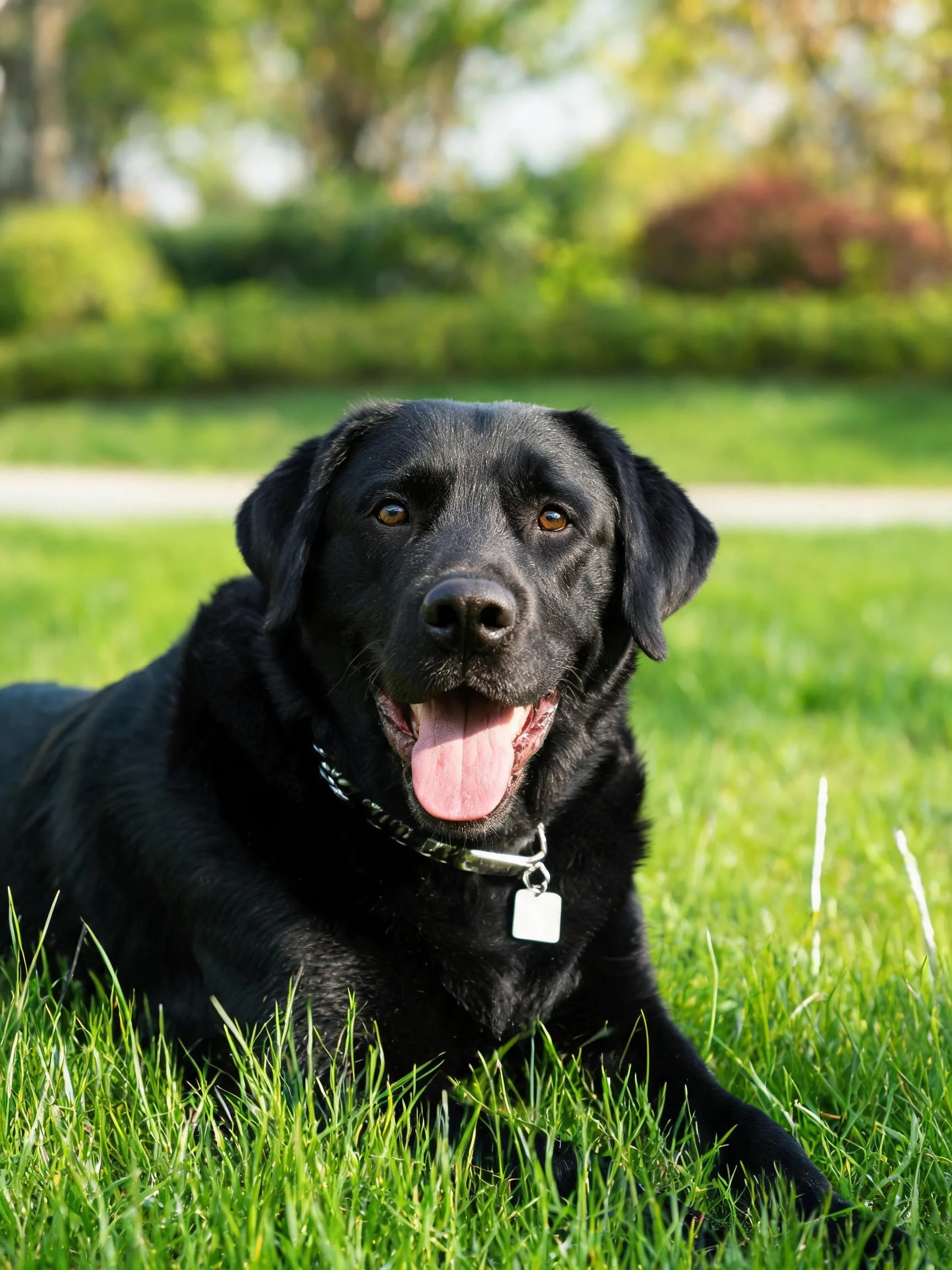 黑拉布拉多犬张着嘴露出湿润的粉色舌头,趴在绿油油的草地上。
