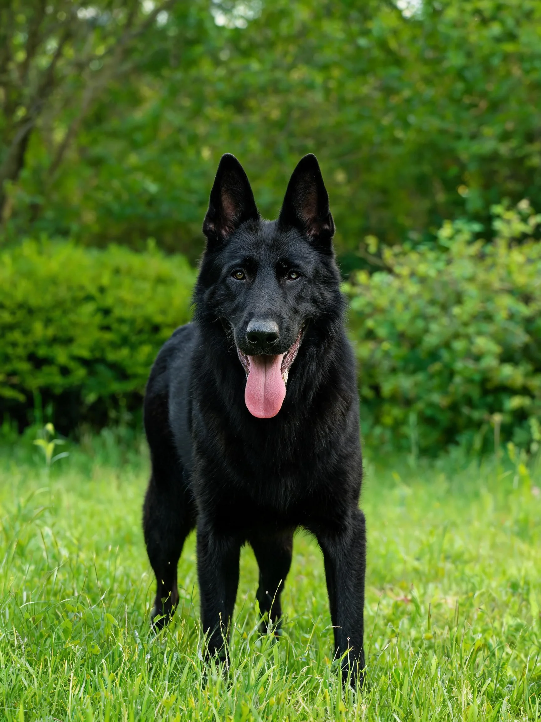 德国牧羊犬站立在绿色草地上,黑色的被毛顺滑,粉红色舌头伸出。
