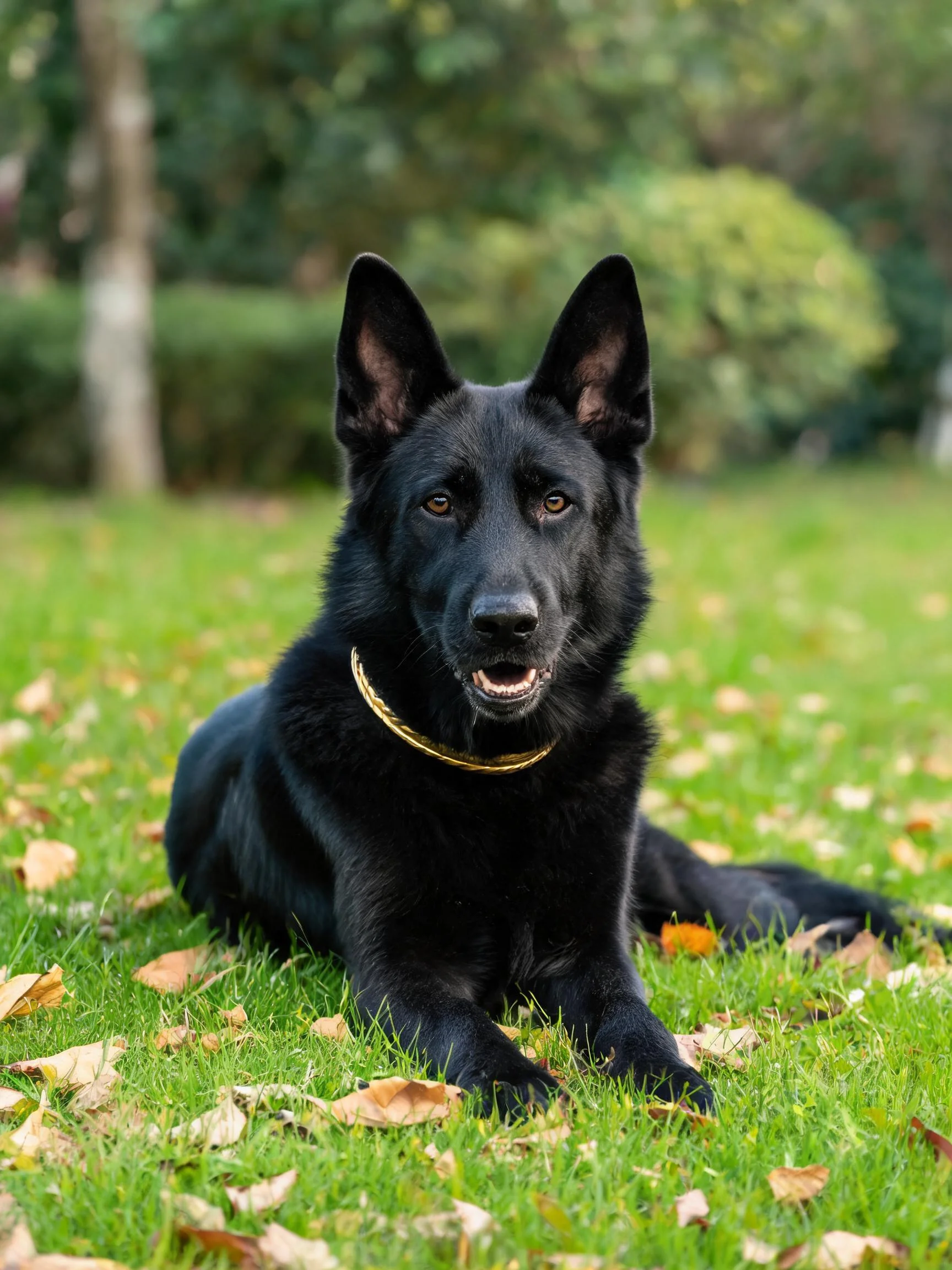 黑色德国牧羊犬趴卧在草地上,皮毛乌黑有光泽,周围散落着枯黄落叶。
