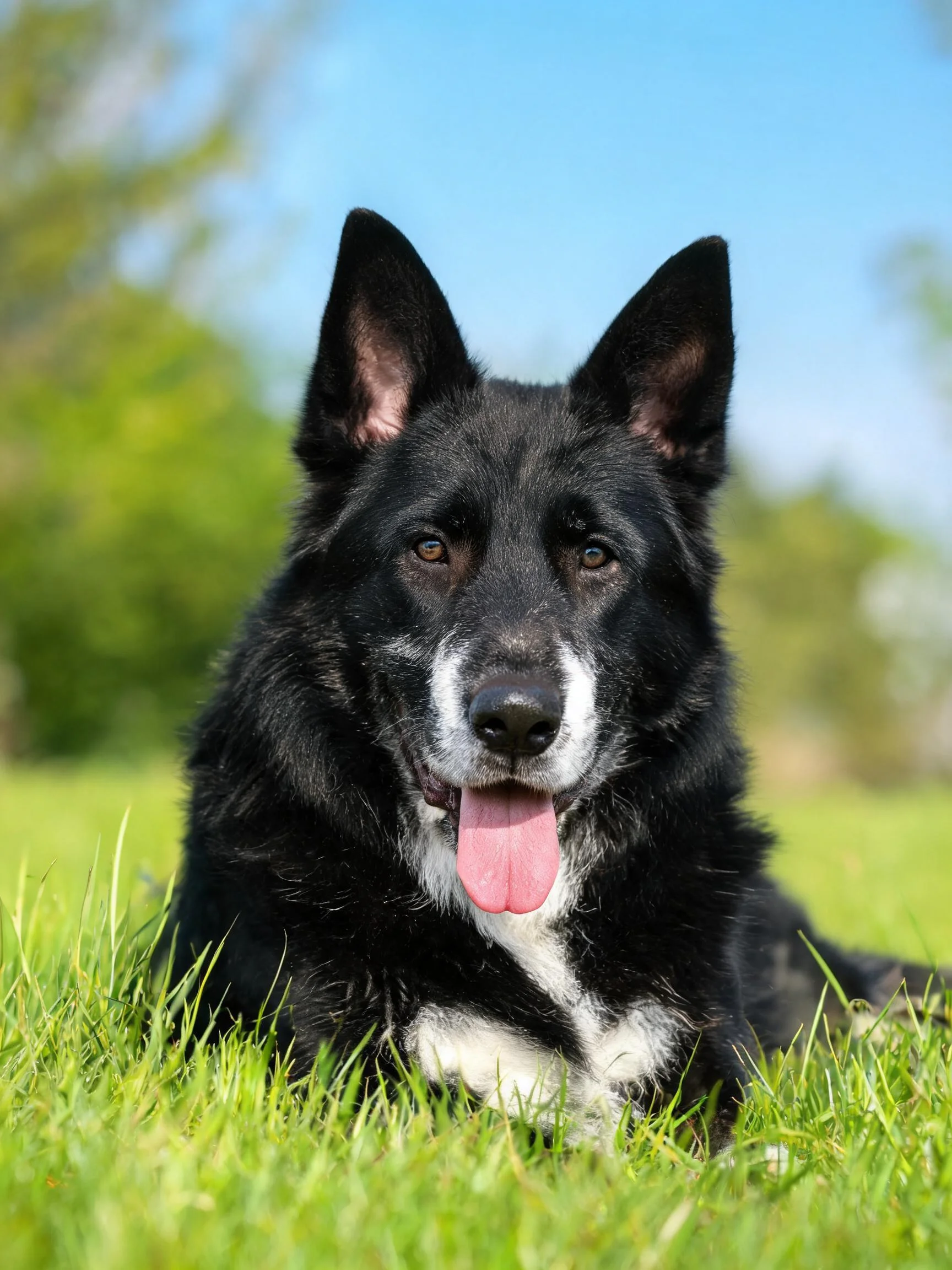 德国牧羊犬黑白毛发清晰可见，粉红色舌头伸出，趴在绿色草地上。
