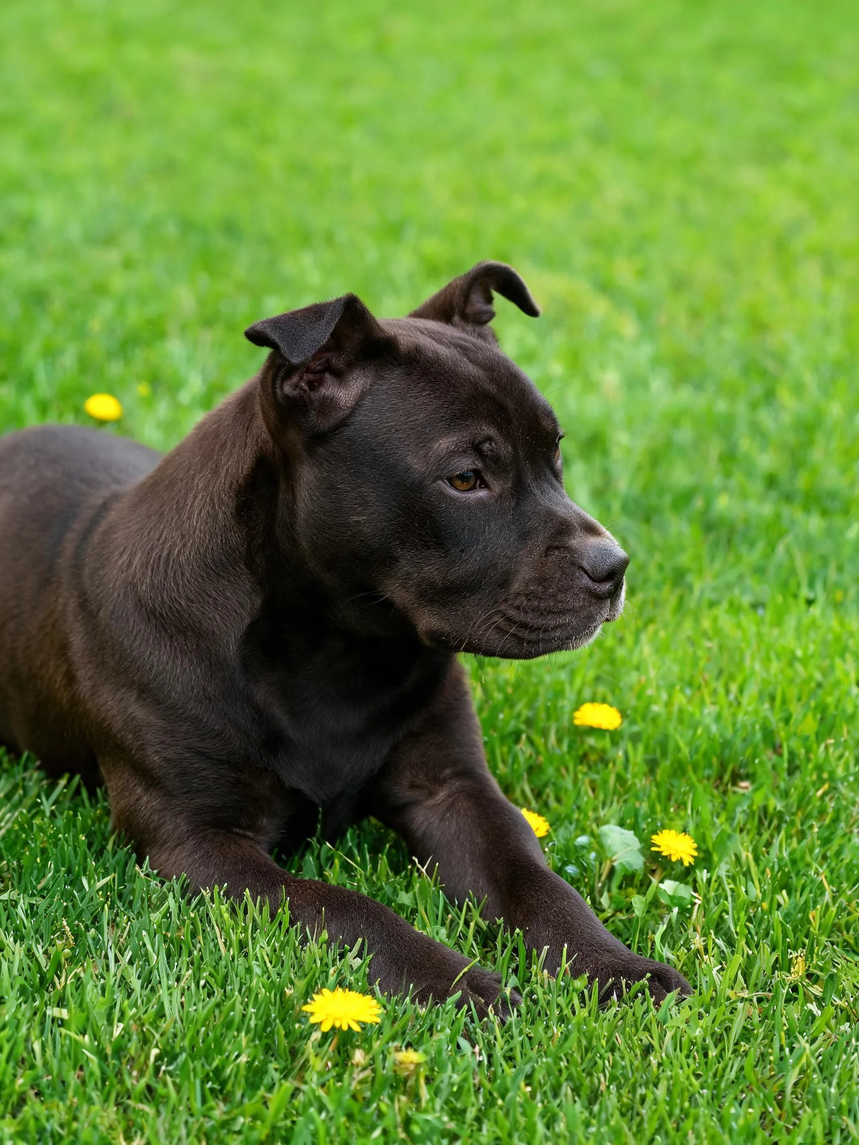一只黑色的拳师犬幼犬趴在草地上，它的深色被毛与周围的绿色草地形成鲜明对比，前爪伸展。