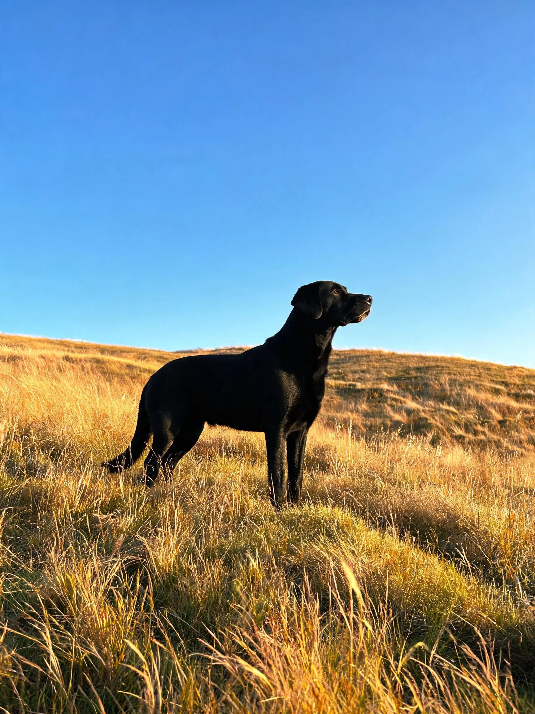 黑色拉布拉多犬站立于草地上,其黑色被毛在阳光下清晰可见。