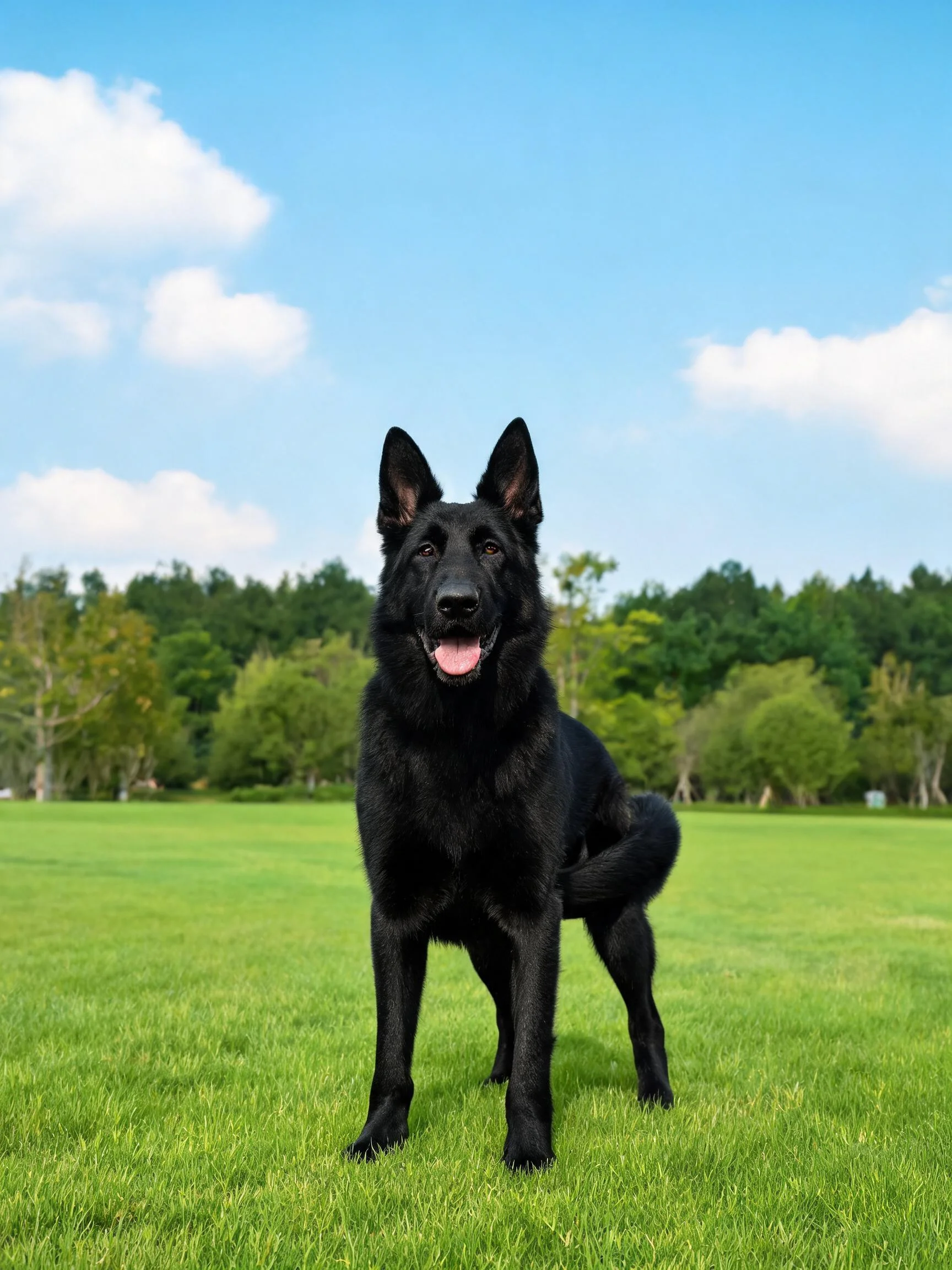 德国牧羊犬站在绿色草地上,黑色的毛发顺滑有光泽,嘴巴张开露出粉红色舌头。