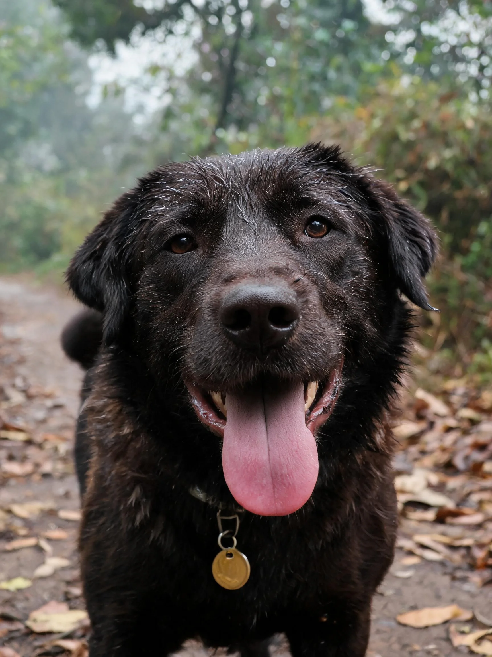 一只黑色的大型犬类,毛发湿润,舌头大幅度伸出,站在满是落叶的林间小径上。