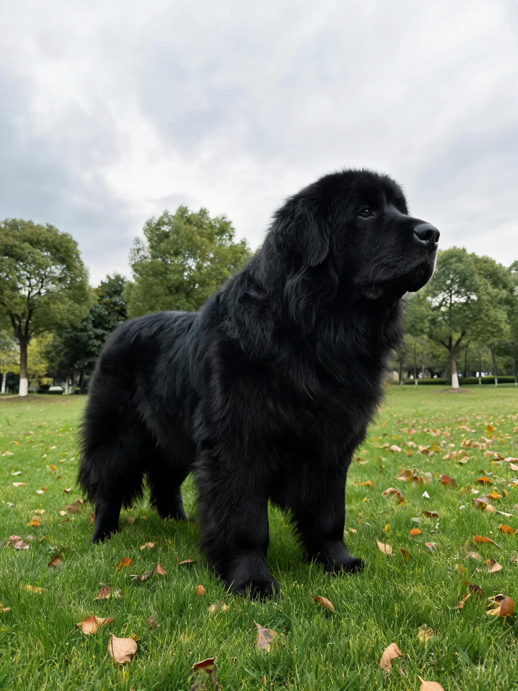 黑色纽芬兰犬站立着,浓密黑色的毛发覆盖全身,目光注视远方。