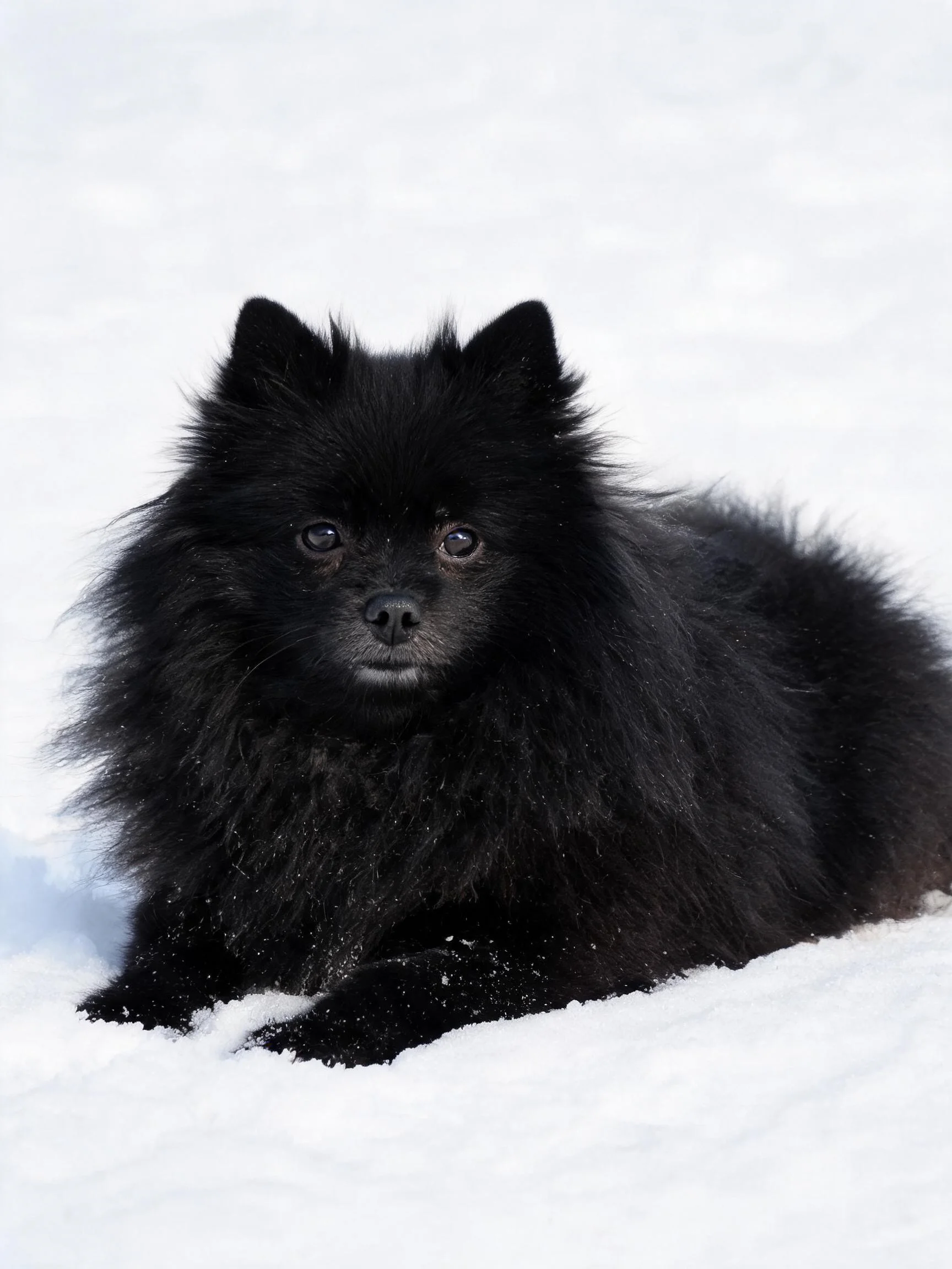 黑色博美犬趴在雪地上,浓密黑色毛发与雪地形成鲜明对比,眼睛明亮注视前方。