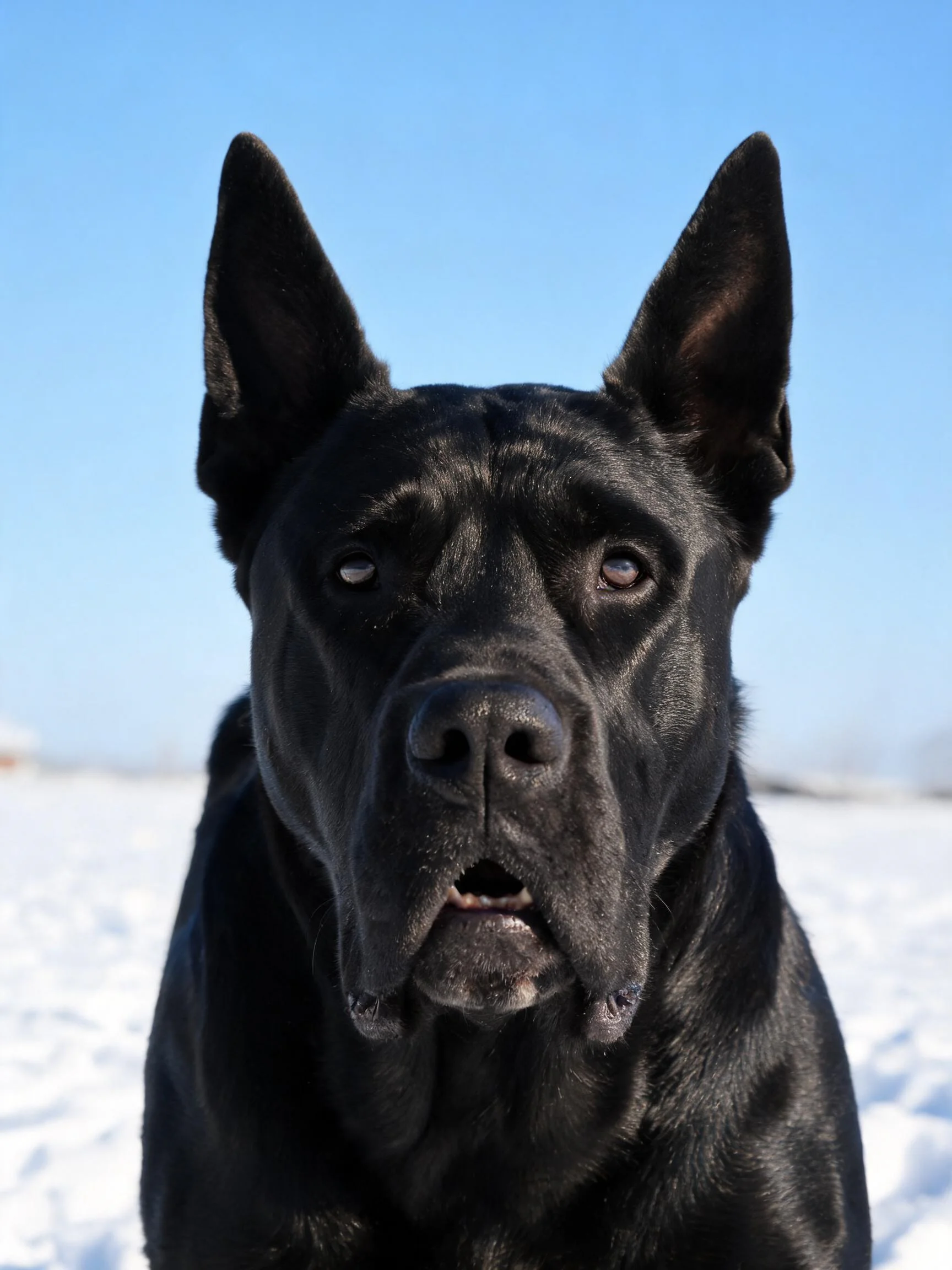 黑色大丹犬有着乌黑发亮的被毛,耳朵竖立,眼神专注。