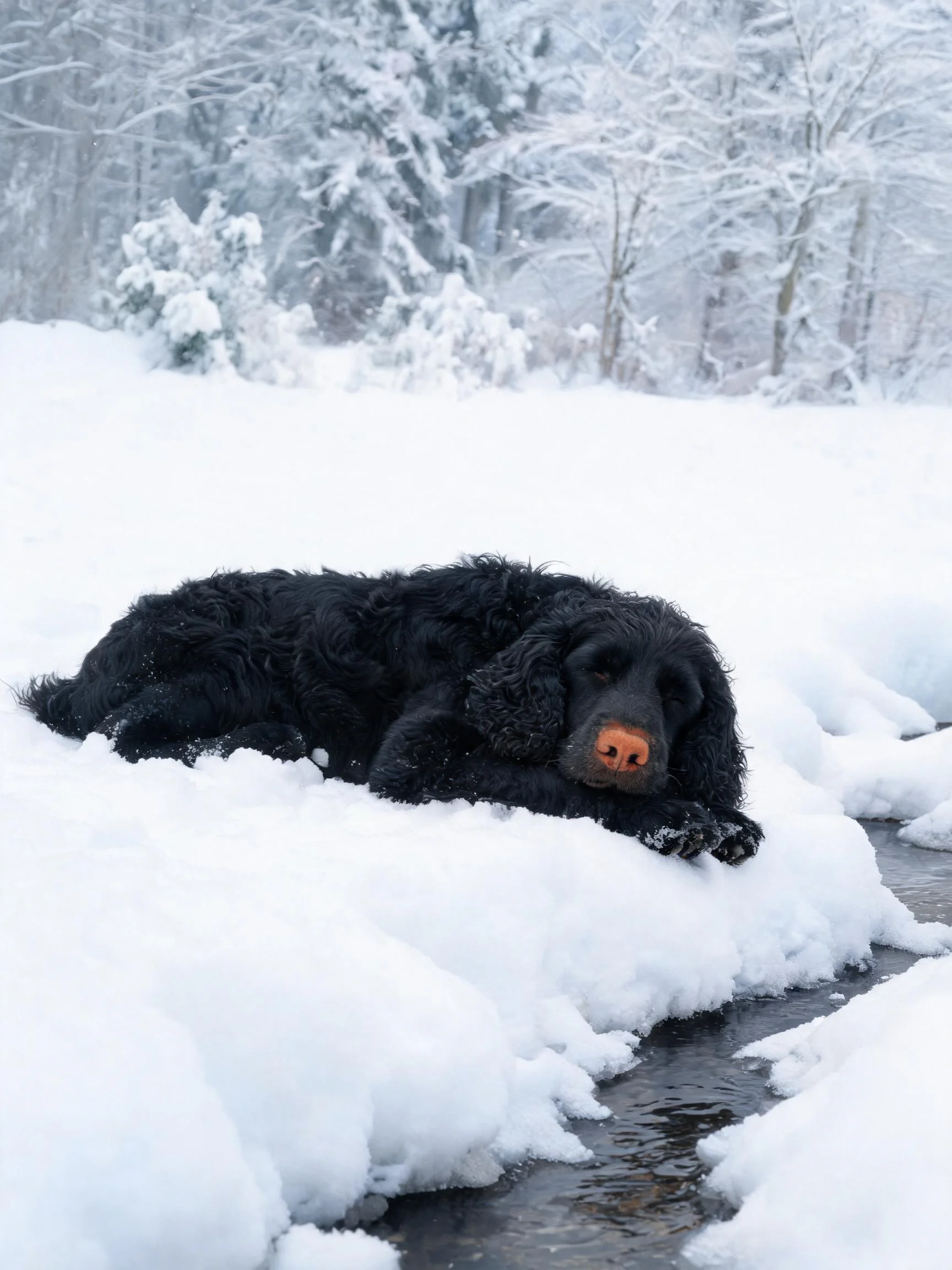 黑色卷毛的可卡犬趴卧在雪地与溪流之间的位置,前爪搭在积雪边缘。