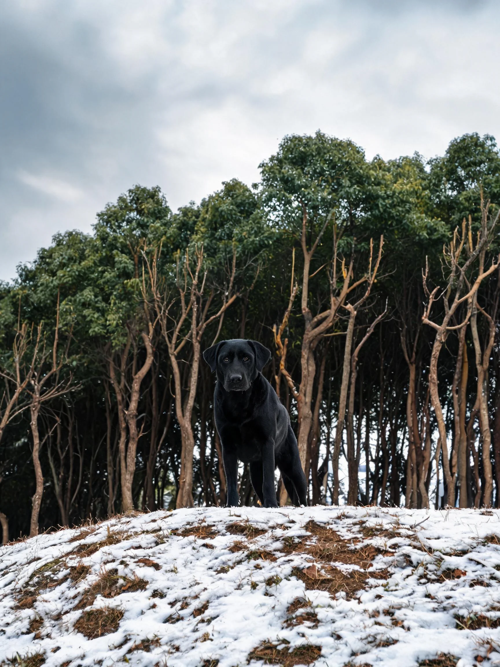 黑色拉布拉多猎犬站在雪地上,短而浓密的黑色皮毛与周围雪景形成对比,眼神平静注视前方。