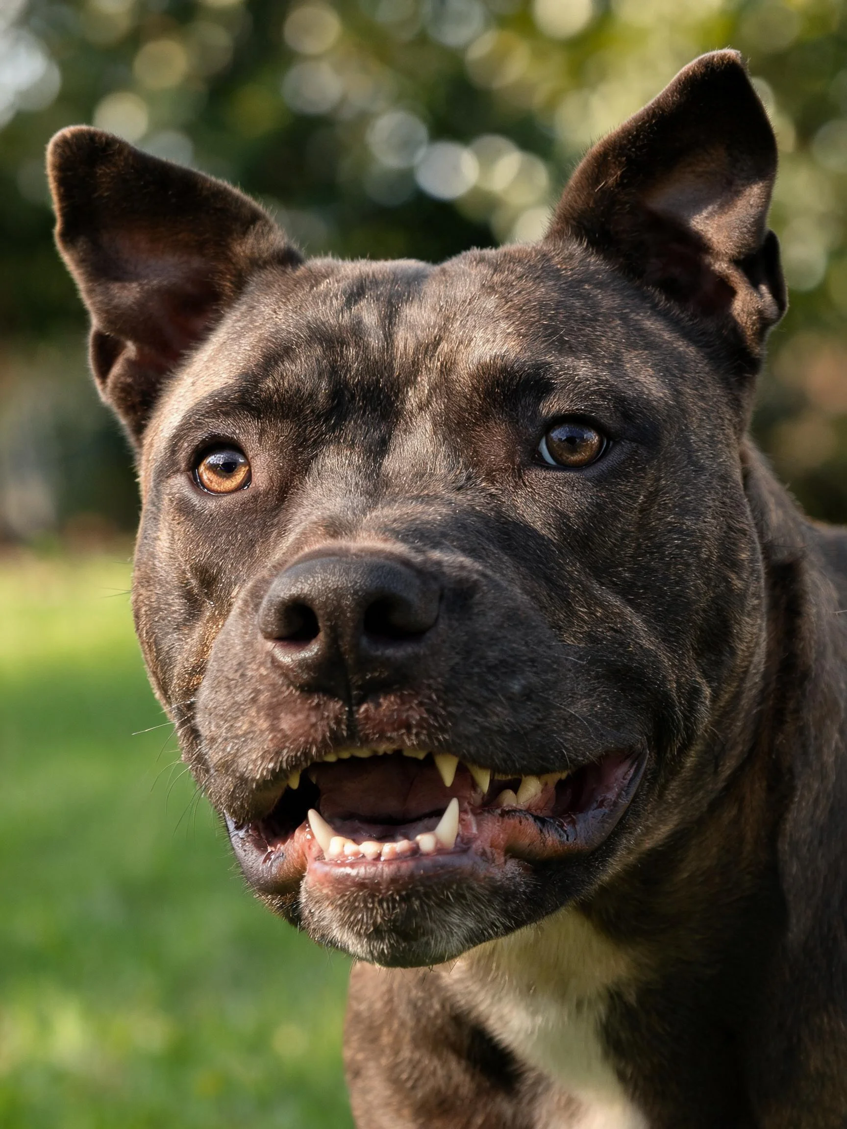 一只比特犬面向镜头,嘴巴张开露出牙齿,深灰色被毛带有白色胸斑。