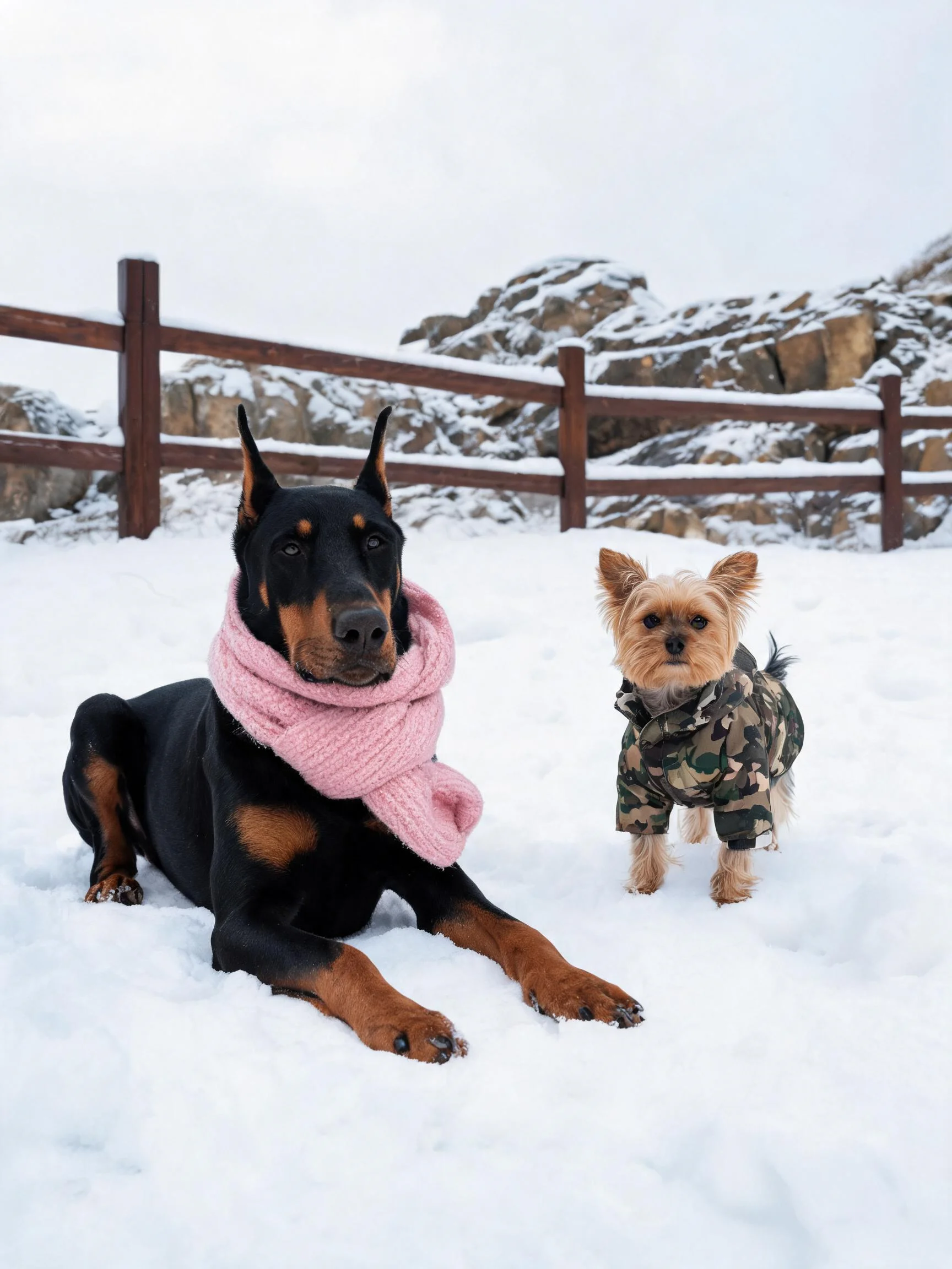 黑色杜宾犬戴着粉色围巾趴在雪地上，身旁是穿着迷彩外套的约克夏犬。