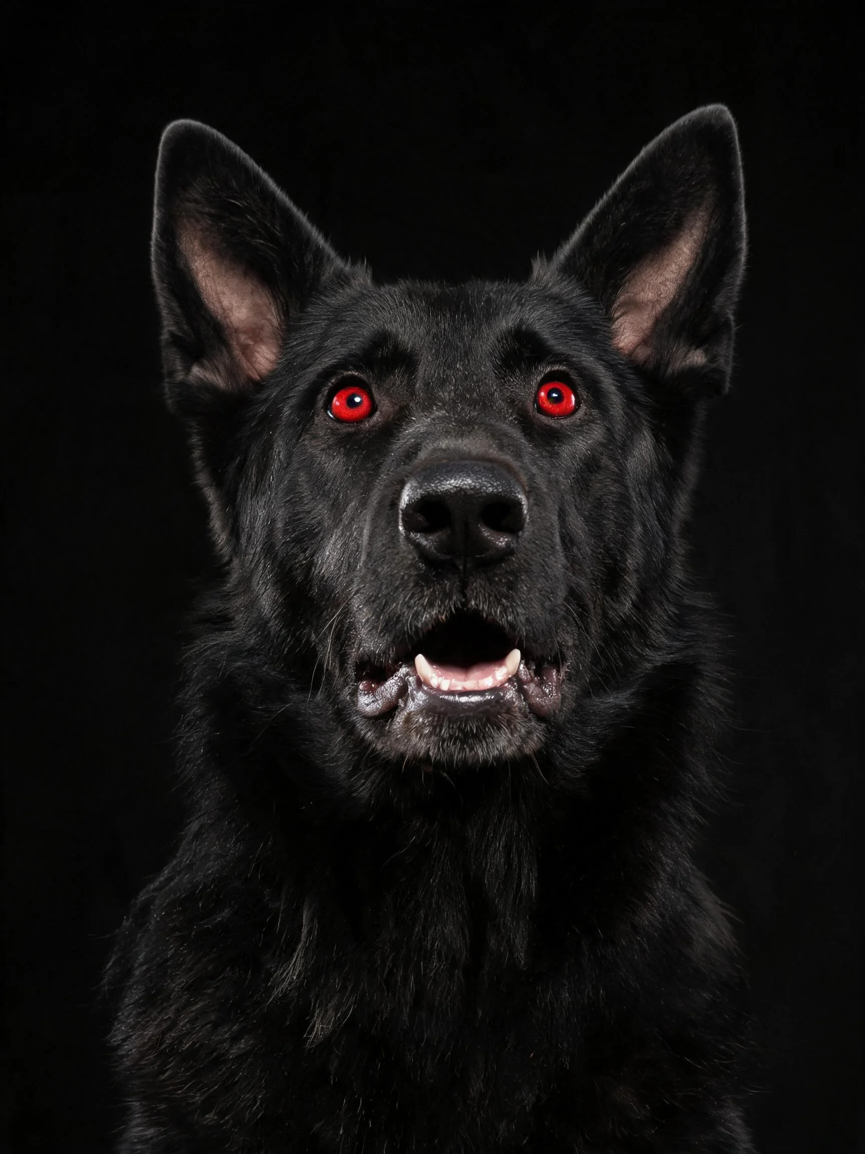 黑色德牧犬拥有红色眼睛,短而浓密的黑色被毛,面部肌肉紧绷,嘴巴微张。