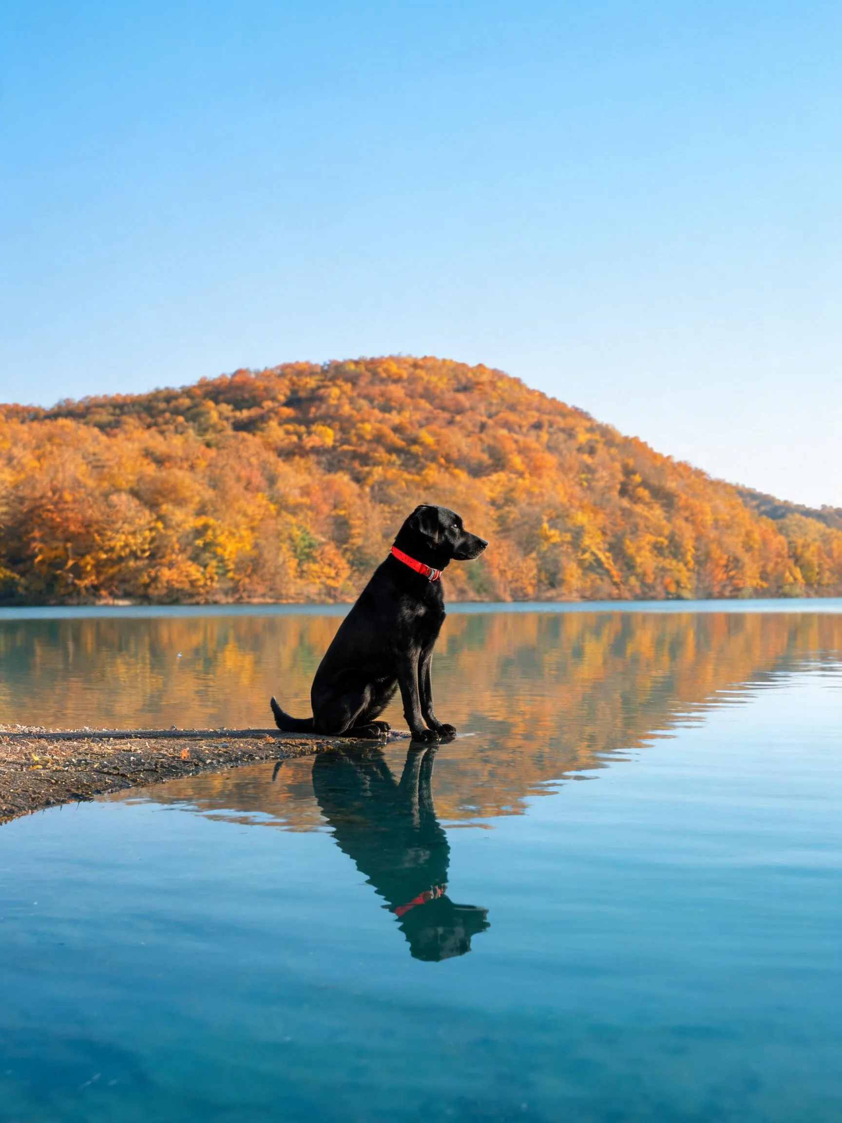 黑拉布拉多犬安静地坐在水边,黑色皮毛顺滑贴身,红色项圈清晰可见,水面倒影与主体形成对称景象。