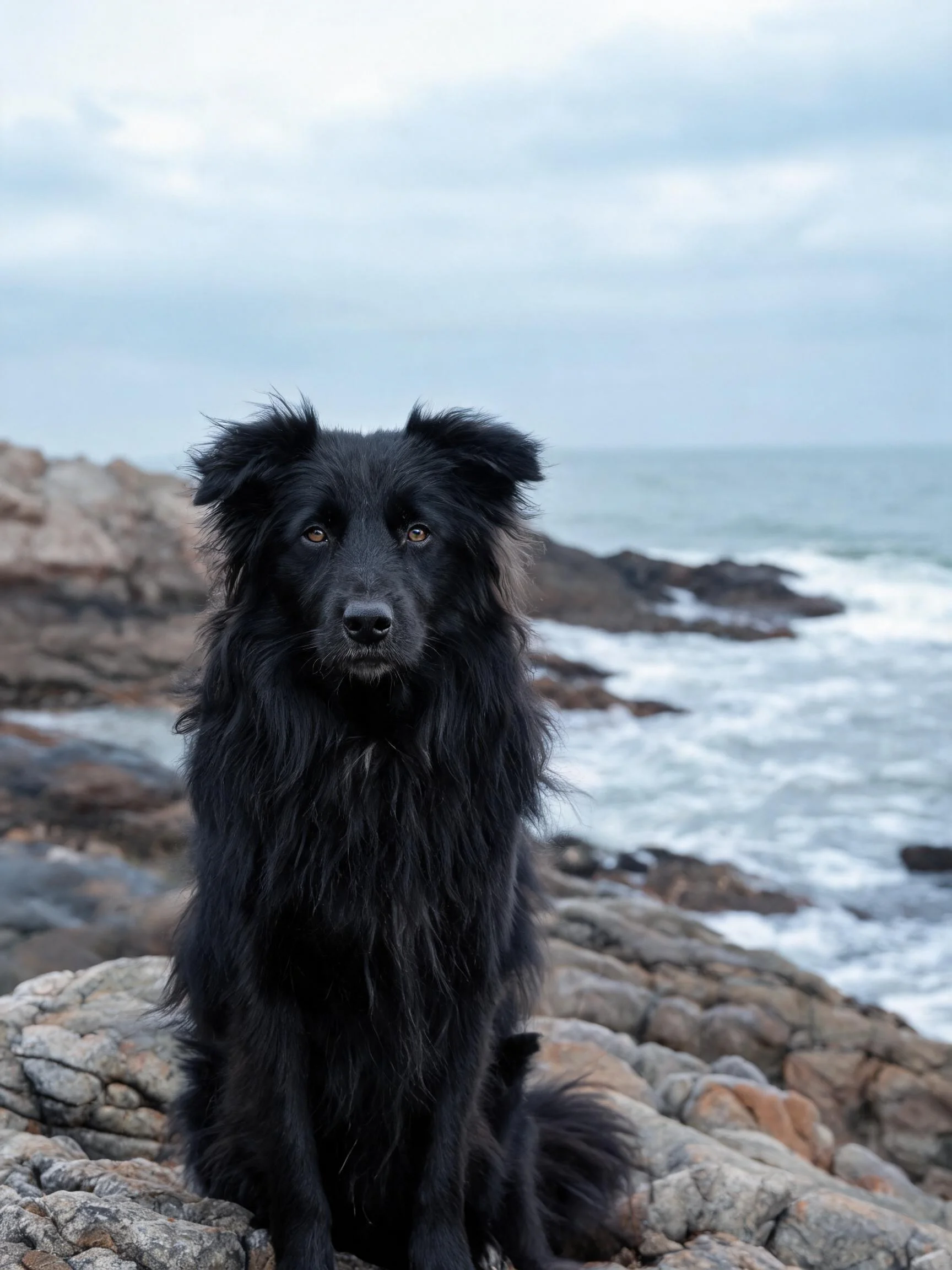 一只黑色边境牧羊犬有着浓密的长毛,正安静地坐在海边岩石上,周围是波涛起伏的海面。