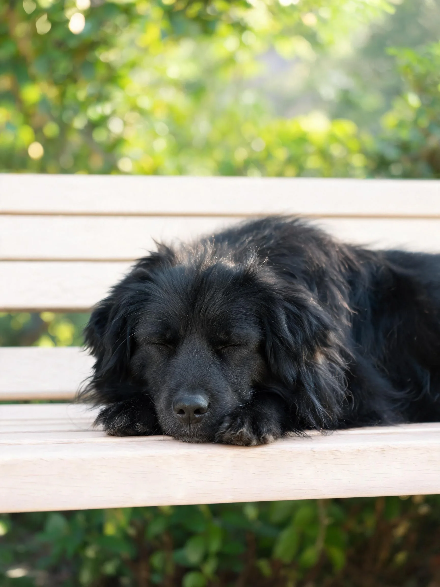 长毛黑色大型犬安静趴卧，黑色蓬松毛发贴附在木质长椅上，双眼闭合处于休憩状态。
