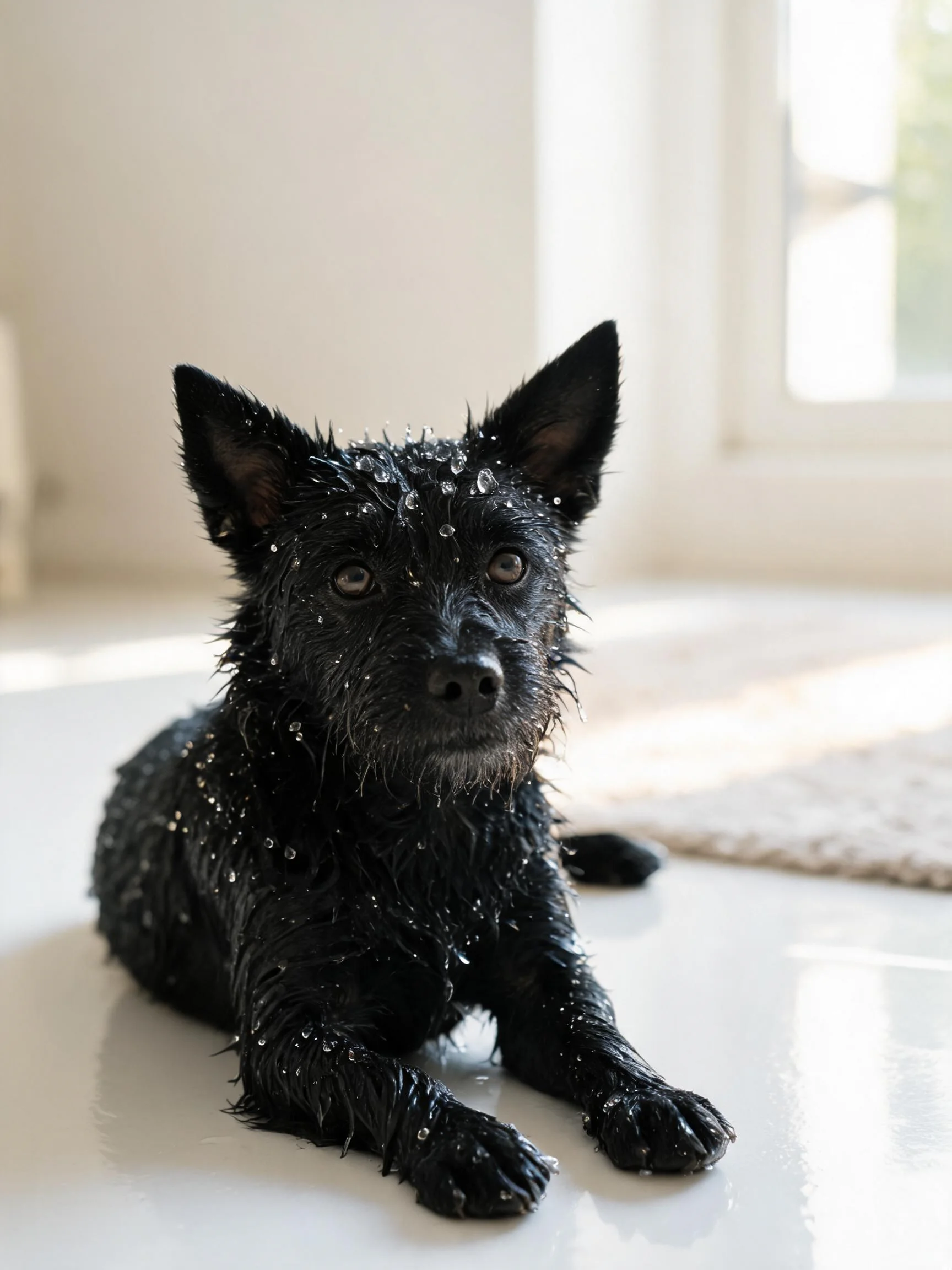 短毛苏格兰梗犬全身布满水珠,黑色毛发湿润紧在额头上,安静趴卧在室内光滑的地面上。