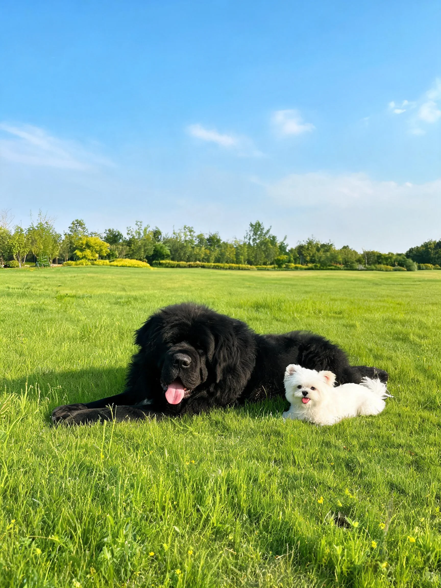 纽芬兰犬毛发浓密蓬松,小型白色犬毛发柔软洁白,两犬并肩躺卧在草地上。