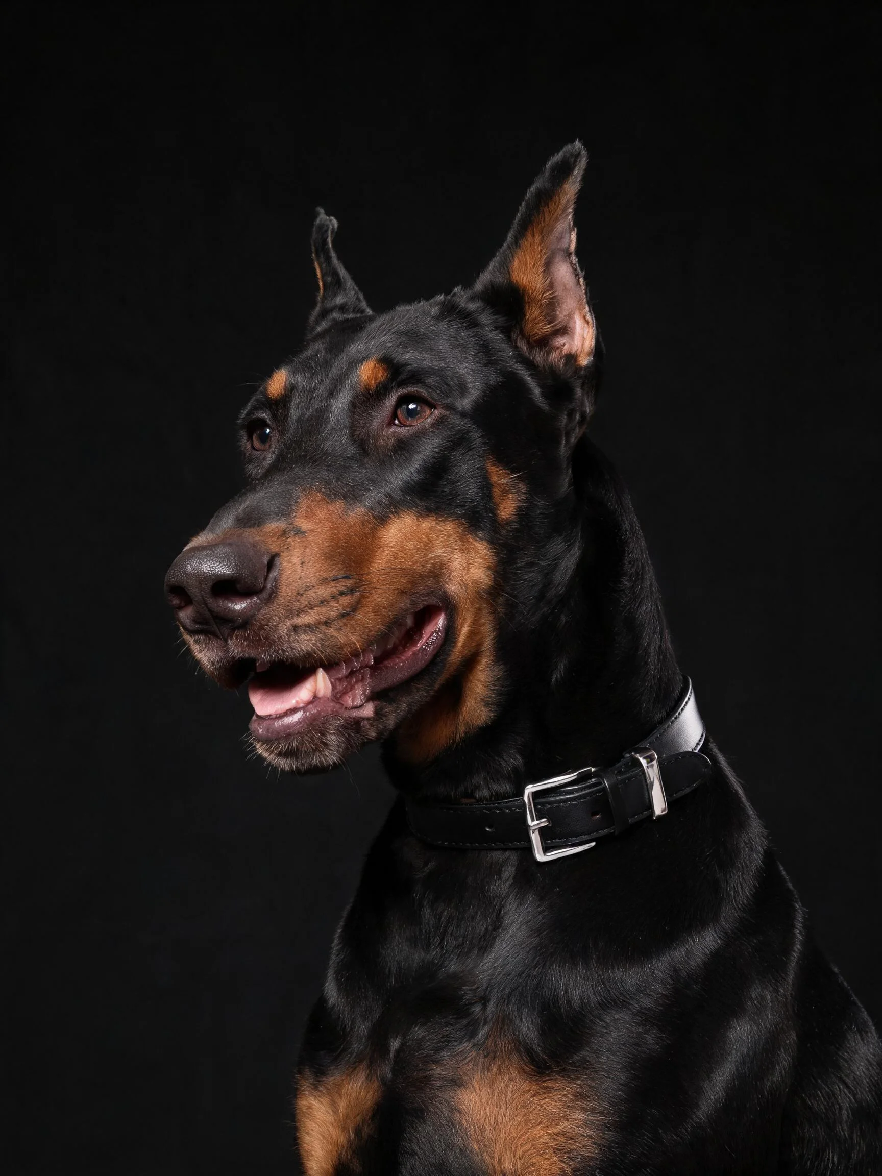 杜宾犬头部特写显示其竖立的耳朵与黑棕色相间的皮毛纹理。