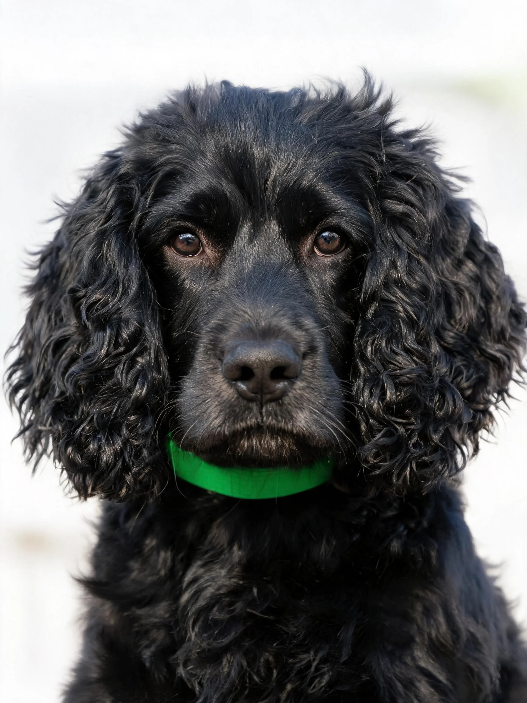 黑可卡犬戴着绿色项圈,浓密卷曲的黑色毛发在光线照射下显得柔软有光泽。