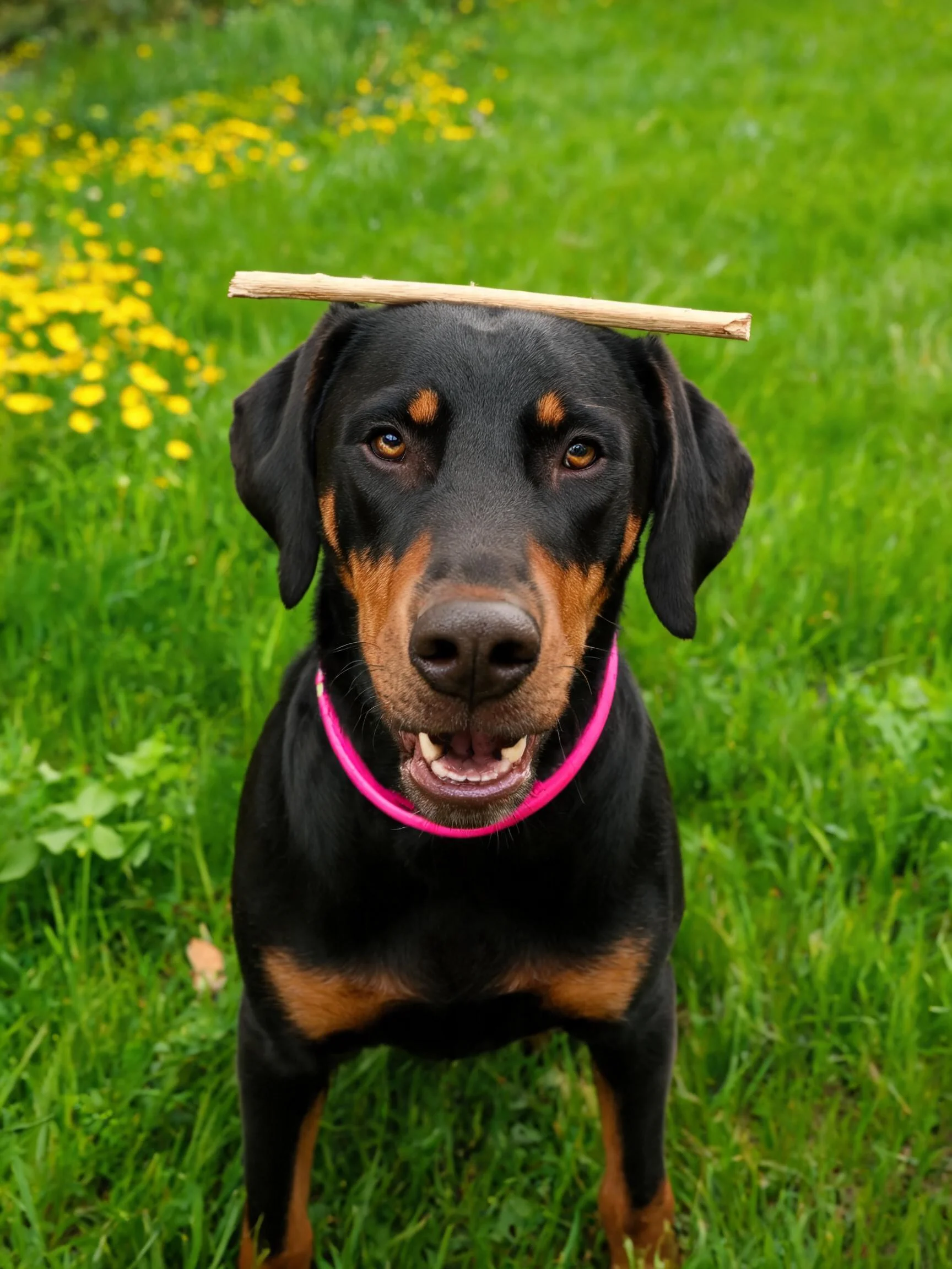 道伯曼犬头顶平衡着一根木棍,粉色的项圈围绕颈部,眼睛明亮注视前方。