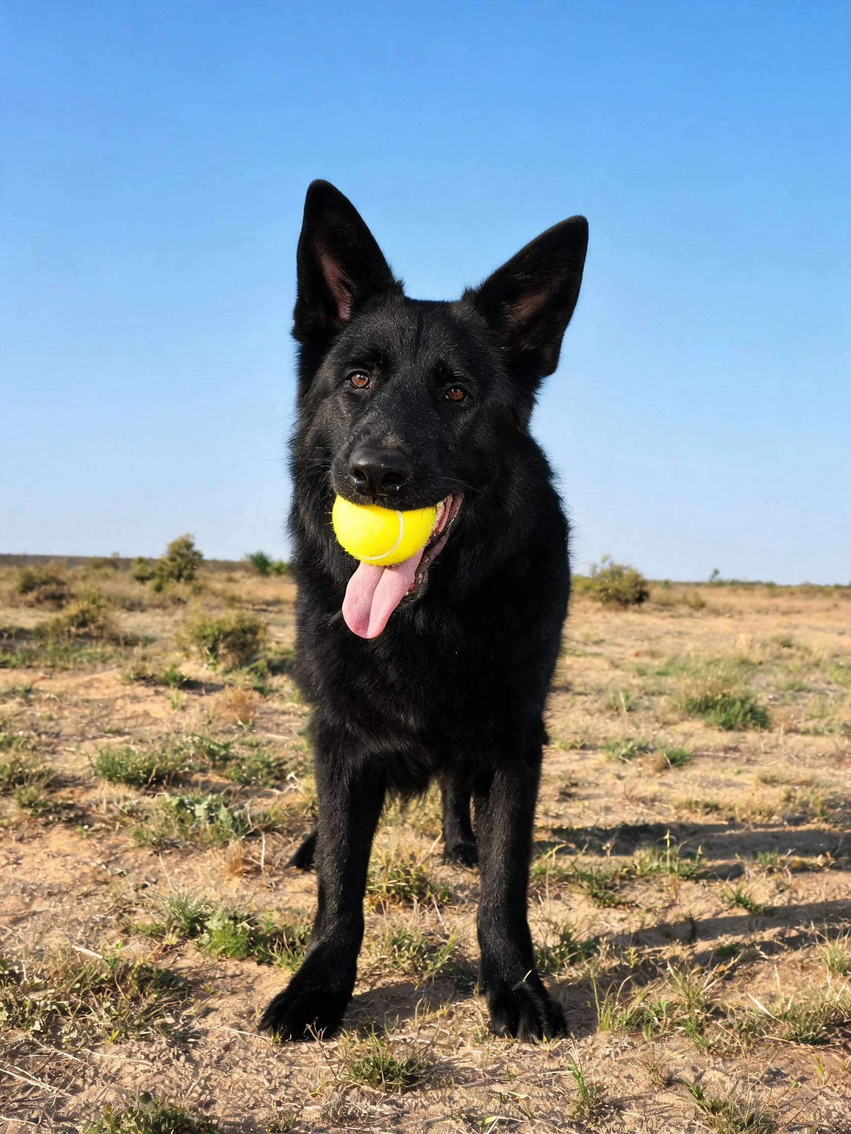 一只德牧犬嘴里叼着黄色的网球,黑色的被毛在阳光下清晰可见。