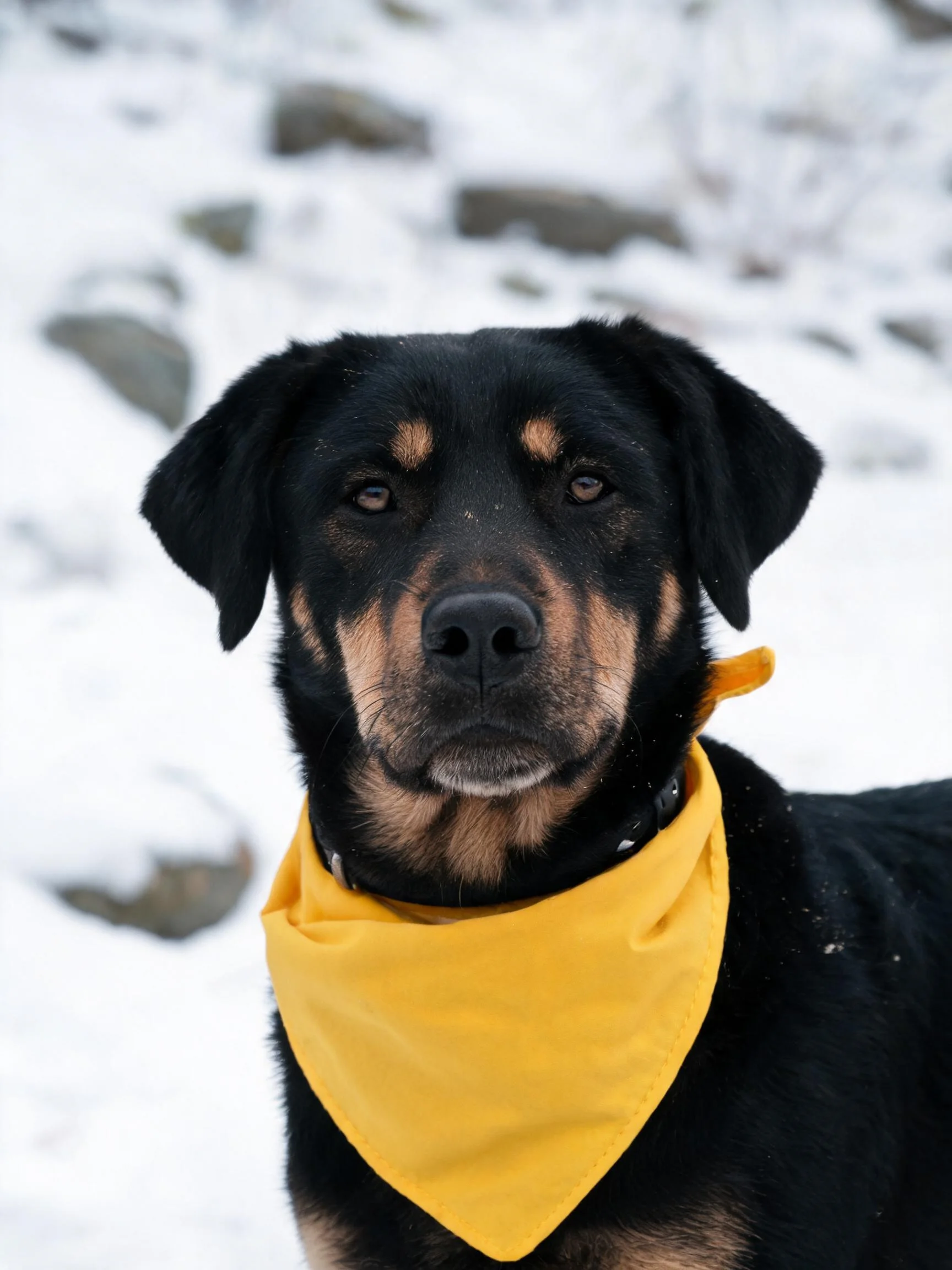 雪地场景中一只黑棕色混血犬戴着亮黄色三角巾,毛发短而浓密。