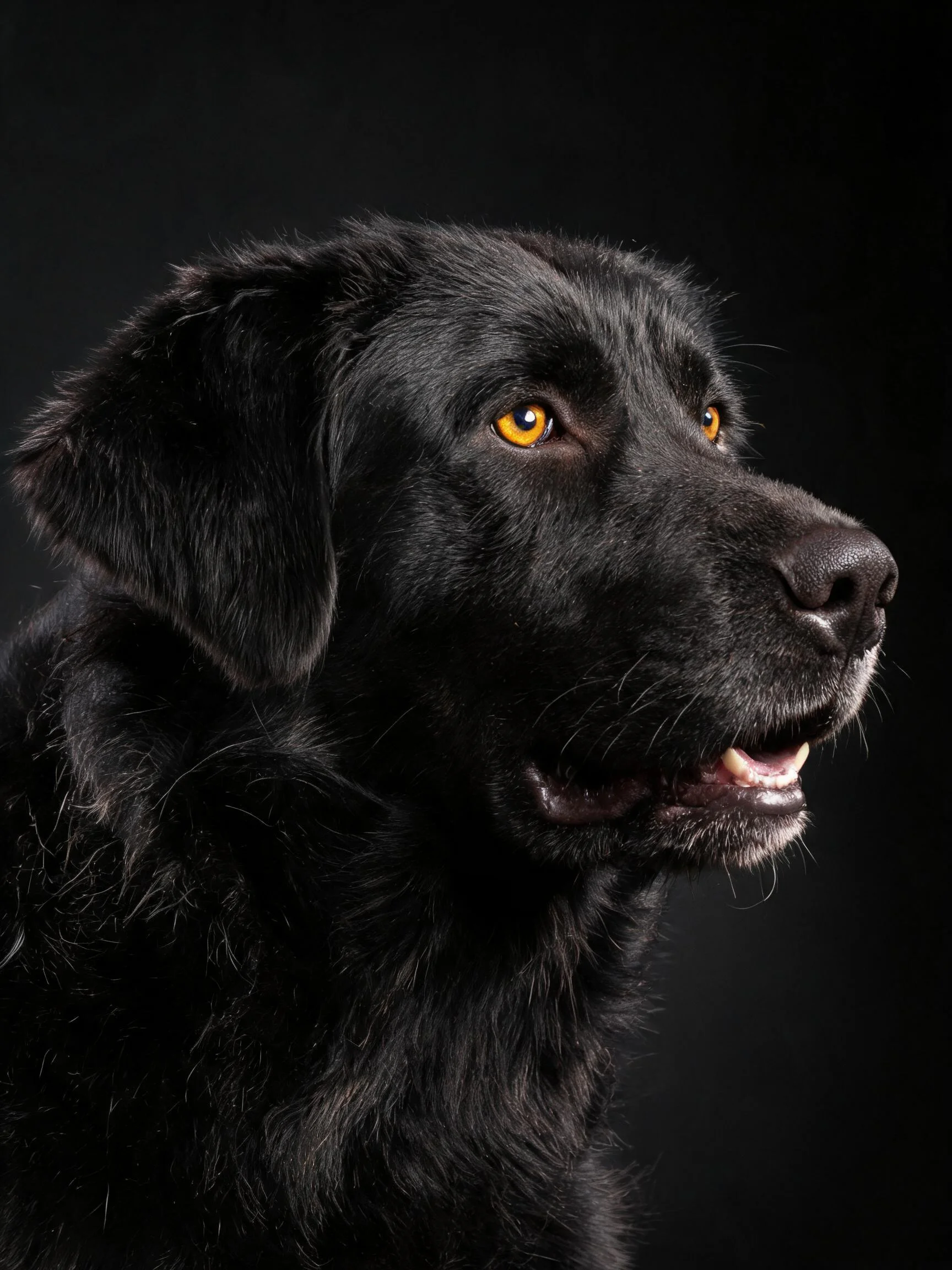 黑色拉布拉多猎犬,明亮黄色眼睛与黑色毛发形成鲜明对比,毛发顺滑贴附头部。