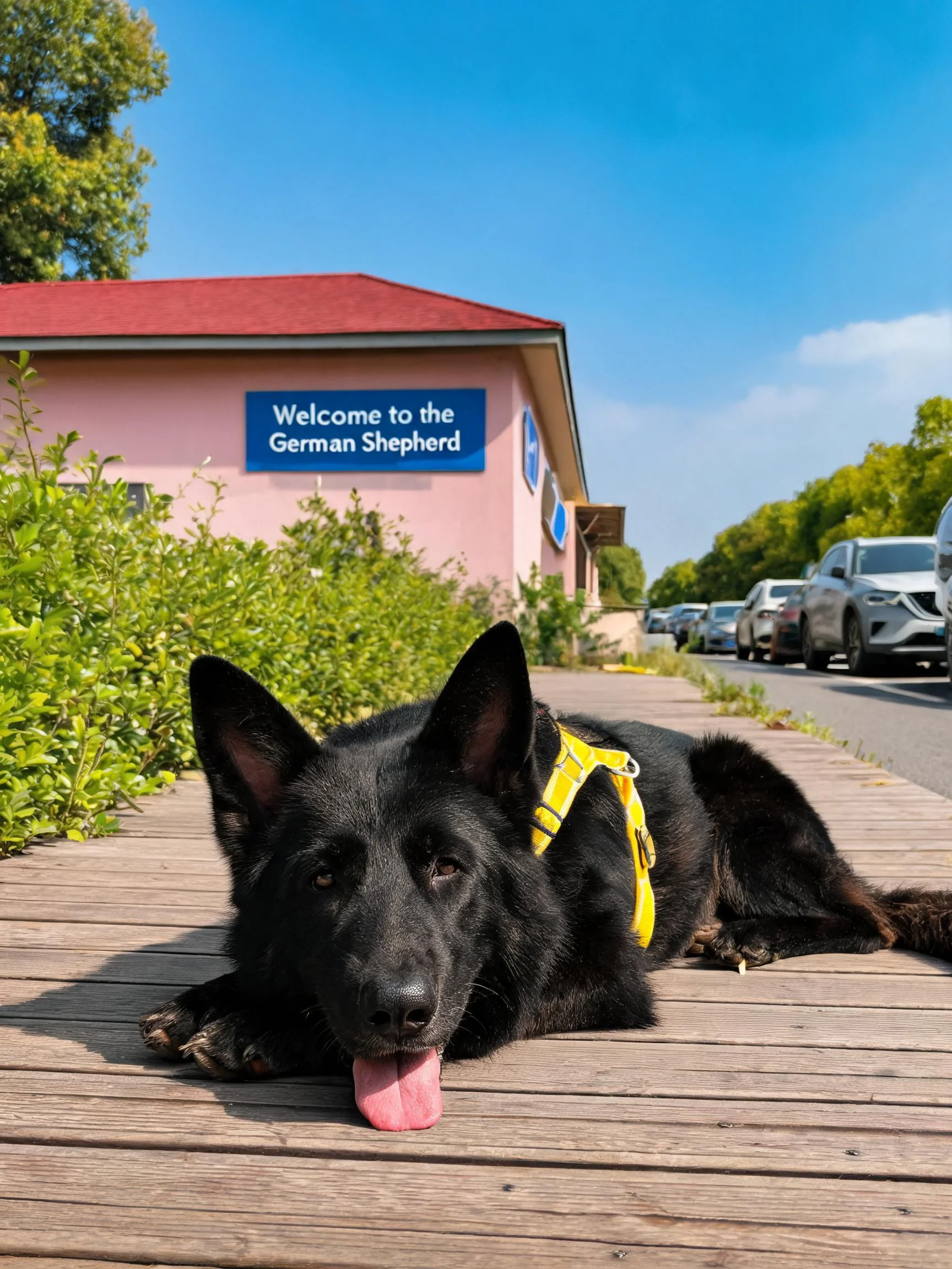 德国牧羊犬黑色的被毛顺滑贴附在木质步道上，黄色的牵引带清晰可见。