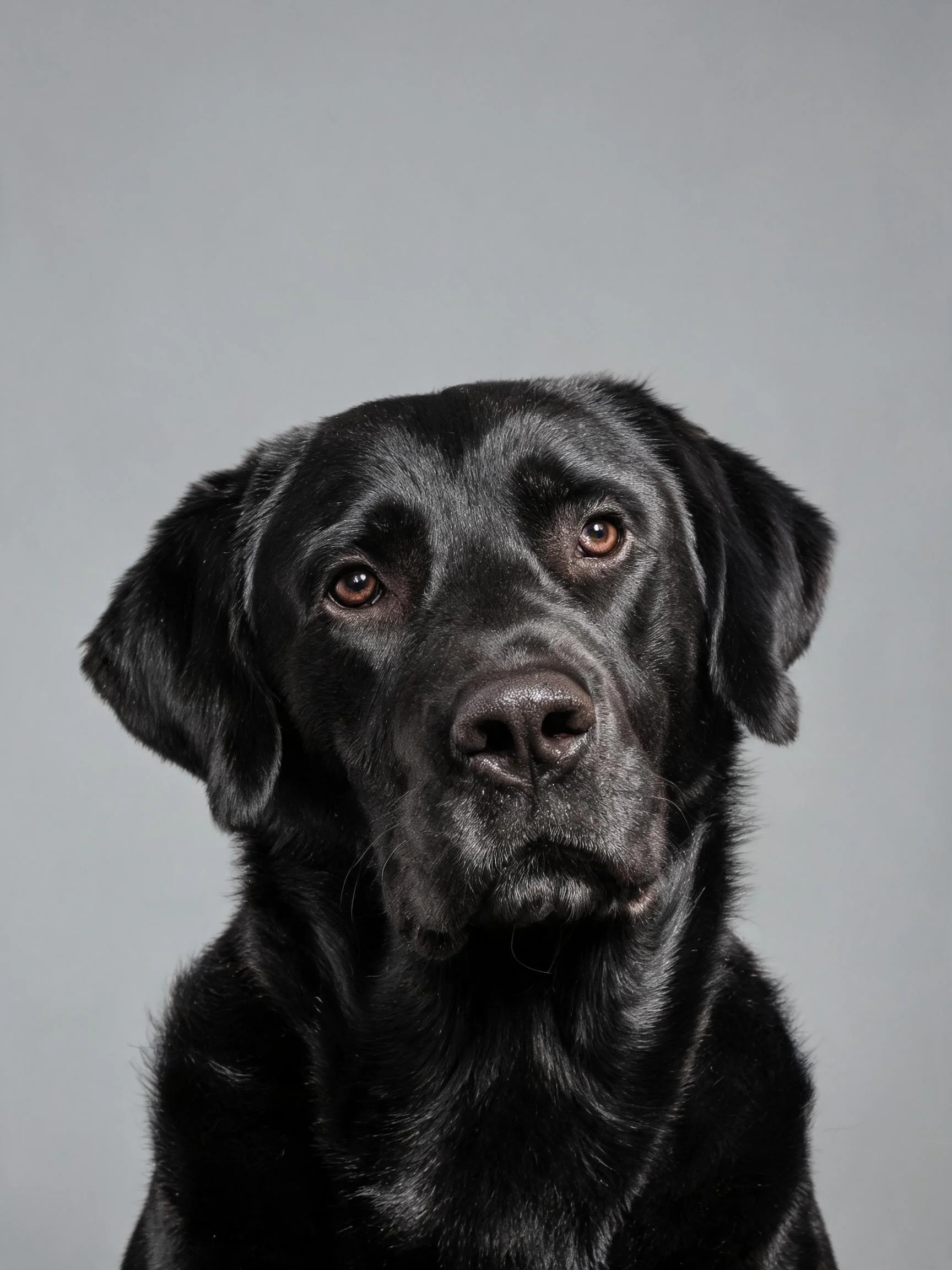 黑色拉布拉多犬拥有光泽的黑色被毛,温暖的棕色眼睛注视前方,面部轮廓清晰。