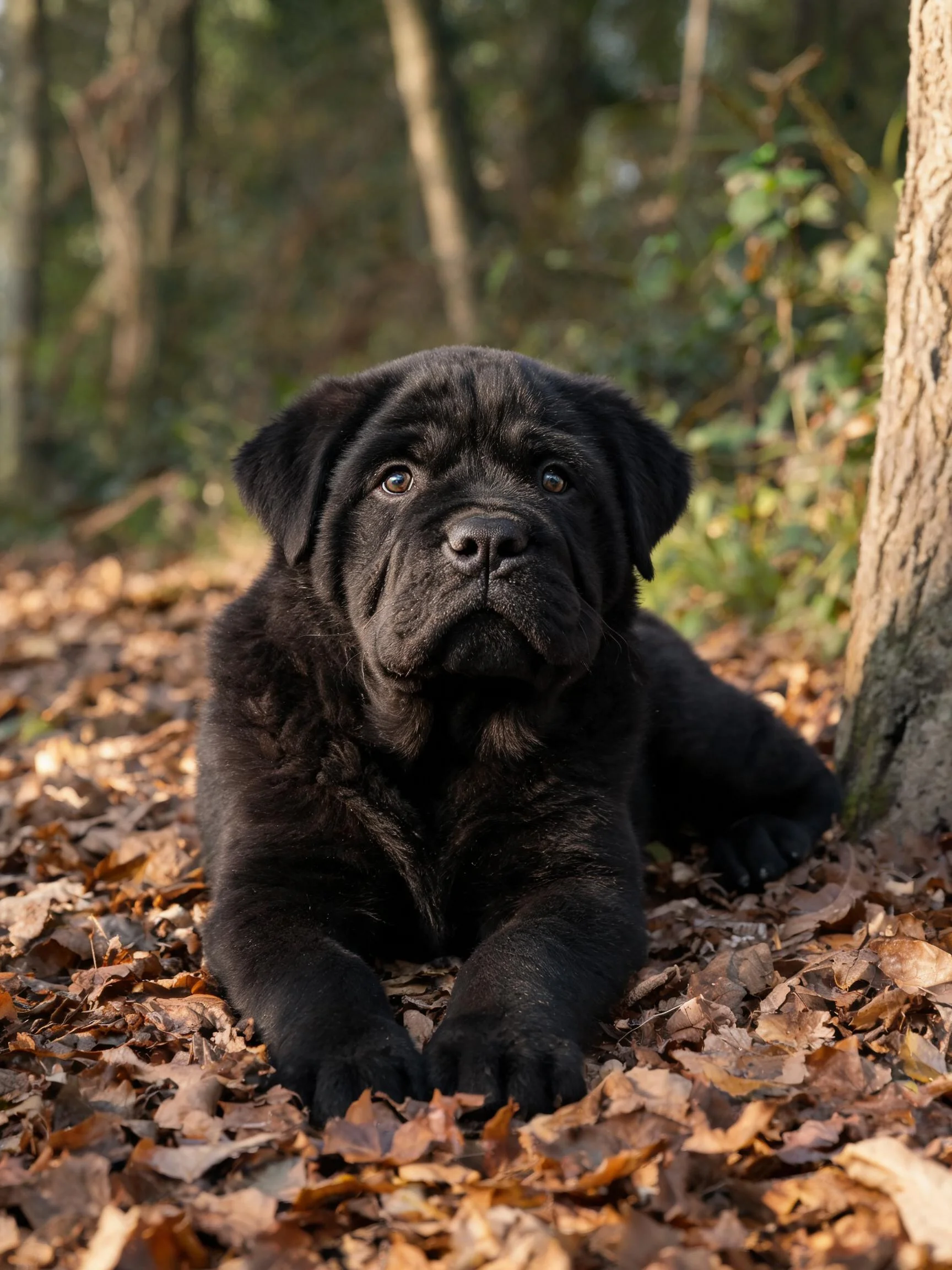卡斯罗幼犬黑色短毛柔软贴附在枯叶之上,面部褶皱清晰可见。