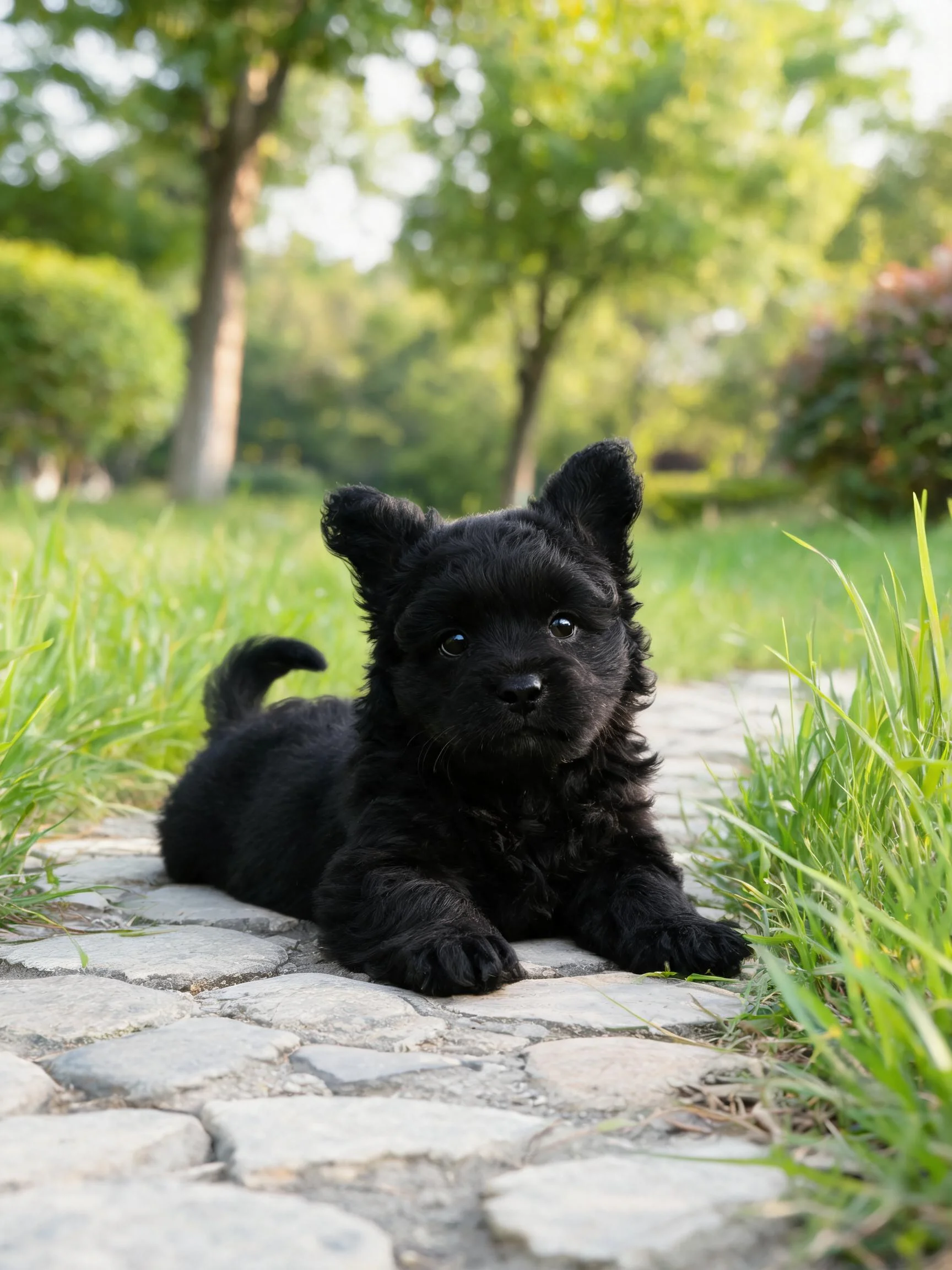 苏格兰梗犬幼犬有着浓密黑色的卷曲毛发,趴在砖石小径上。