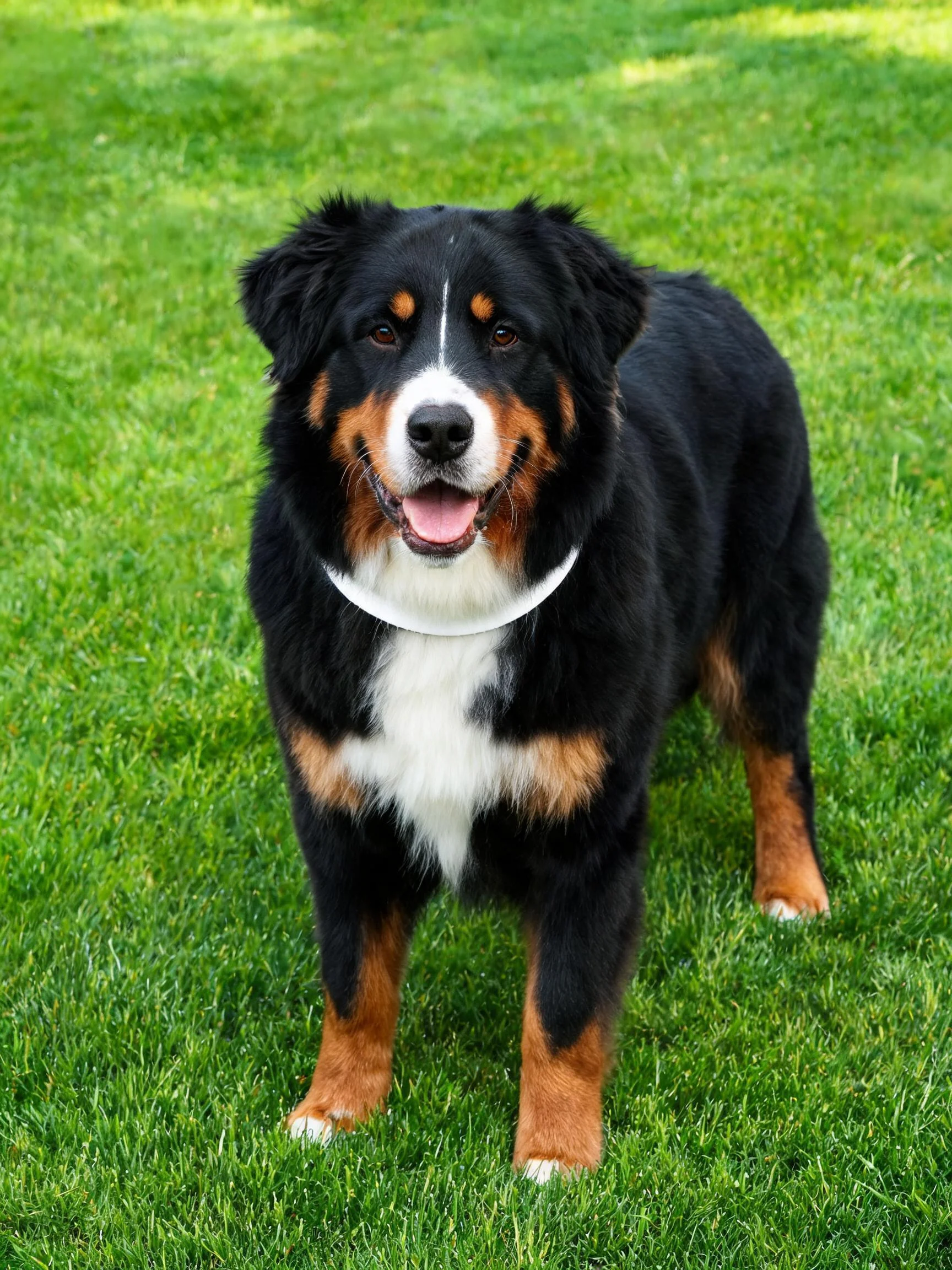 伯恩山犬站在草地上,黑色的毛发带有白色和棕色斑纹,嘴巴微张露出粉红色舌头。