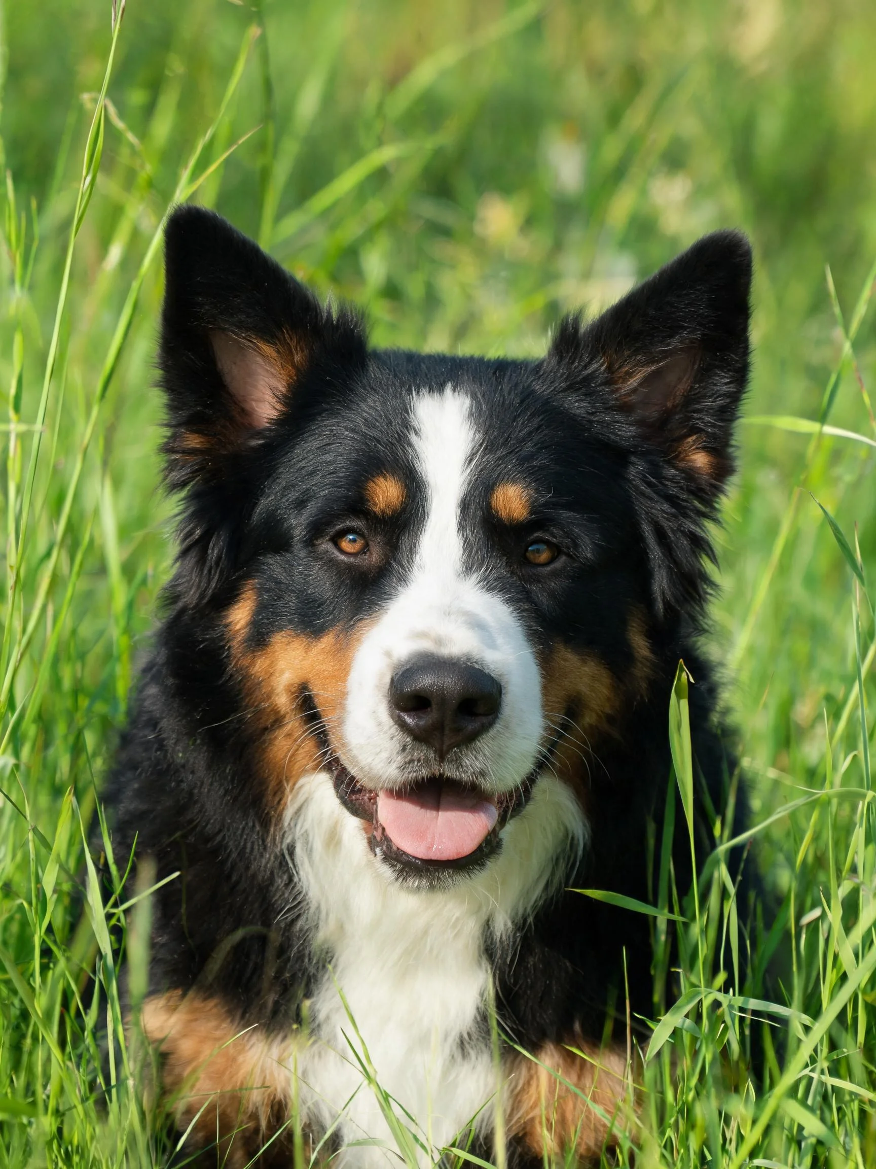 三色边境牧羊犬毛发顺滑贴附在脸部,耳朵竖立,处于绿色草丛环境中。