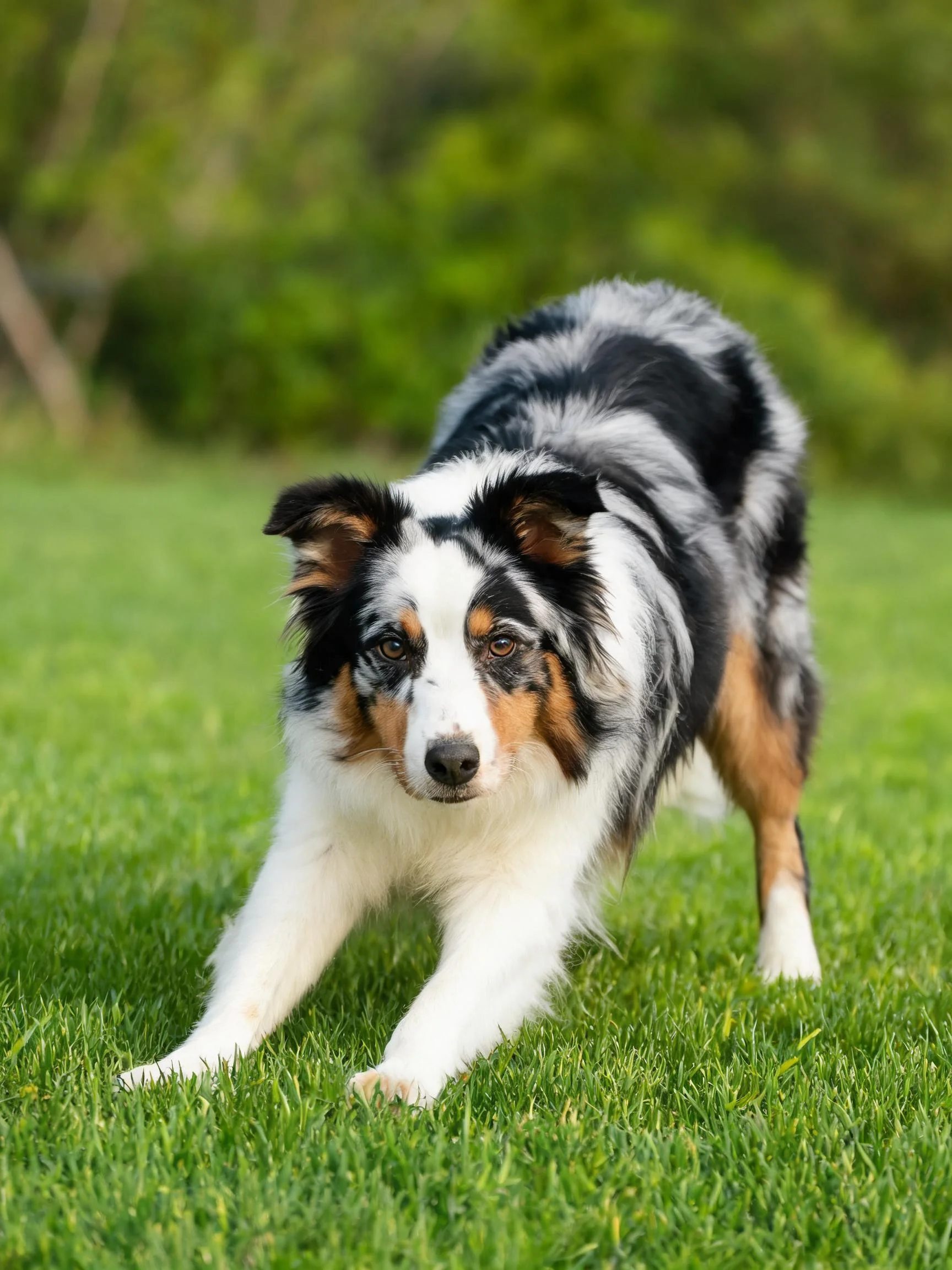 三色边境牧羊犬有着黑白棕相间的毛发,正以警觉的姿态站在绿油油的草坪上。