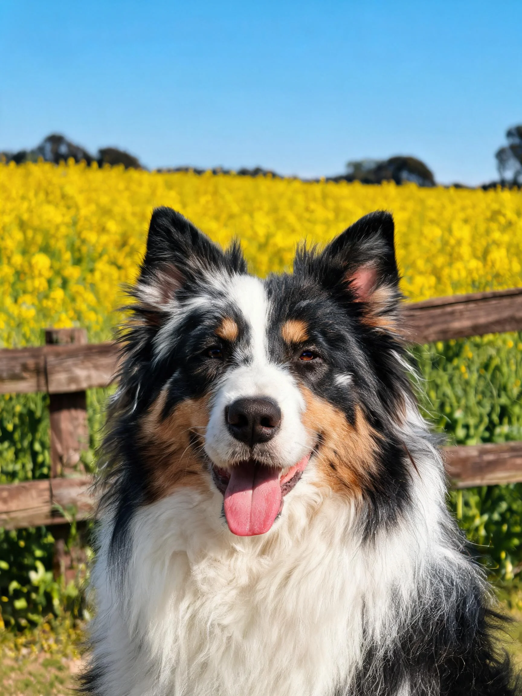 一只澳大利亚牧羊犬,有着黑白棕相间的毛发,嘴巴张开露出粉红色的舌头,站在黄色花田前的木栅栏旁。