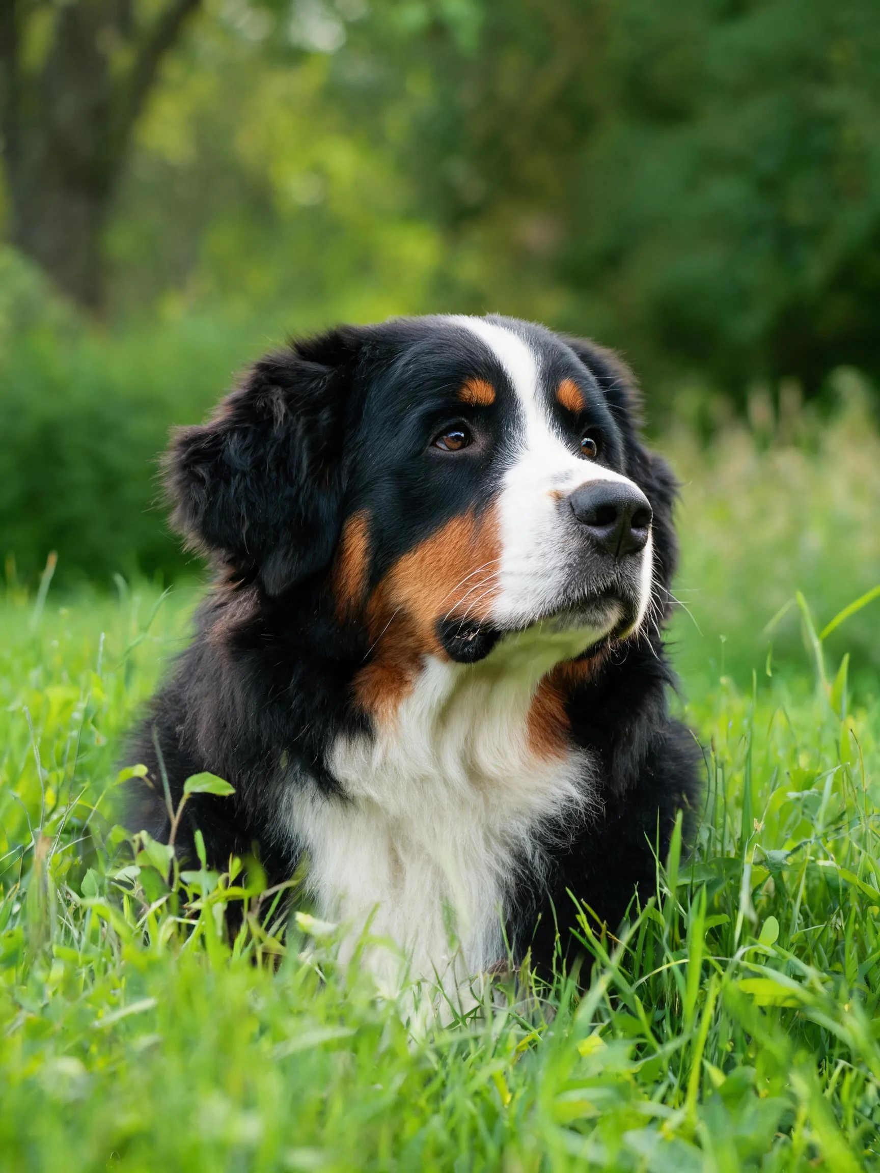 伯恩山犬安静地坐在绿草地上，黑、白、棕三色毛发清晰可见，眼神专注看向远方。