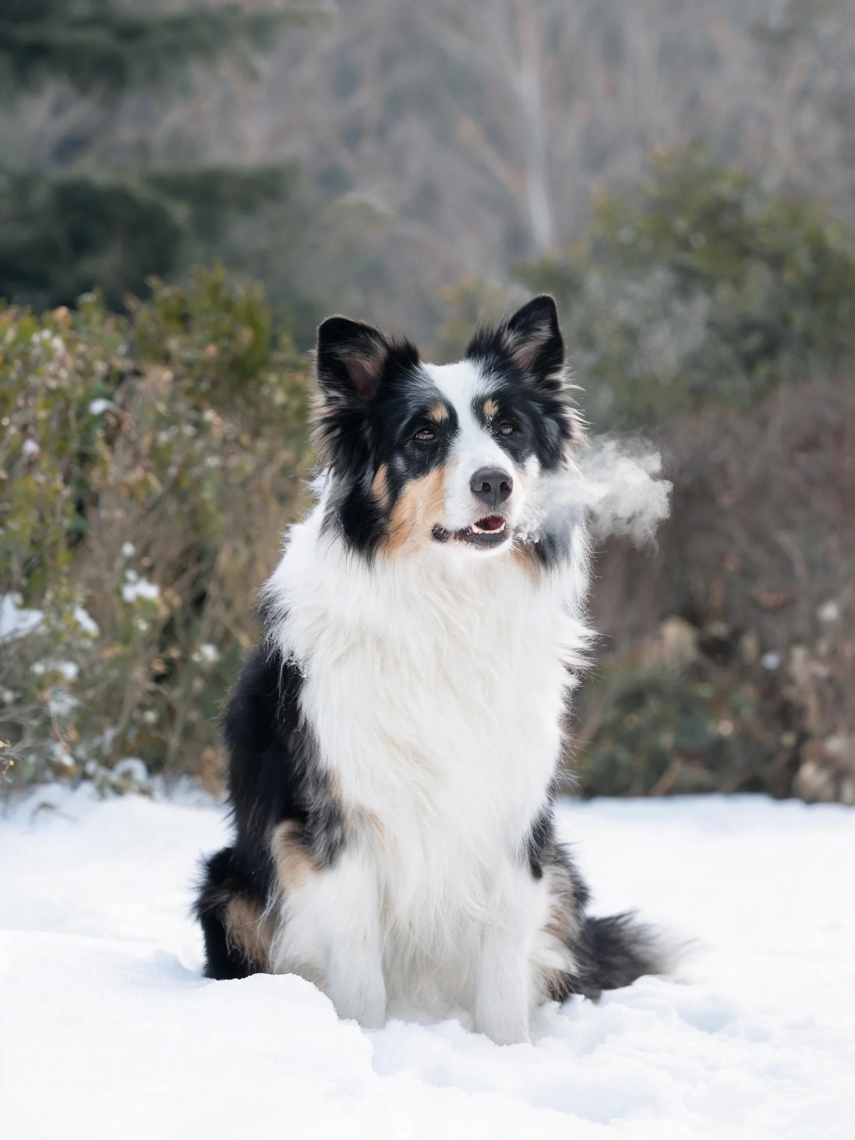 黑白相间的边境牧羊犬在雪地中安静坐着,白色的胸部毛发蓬松柔软。