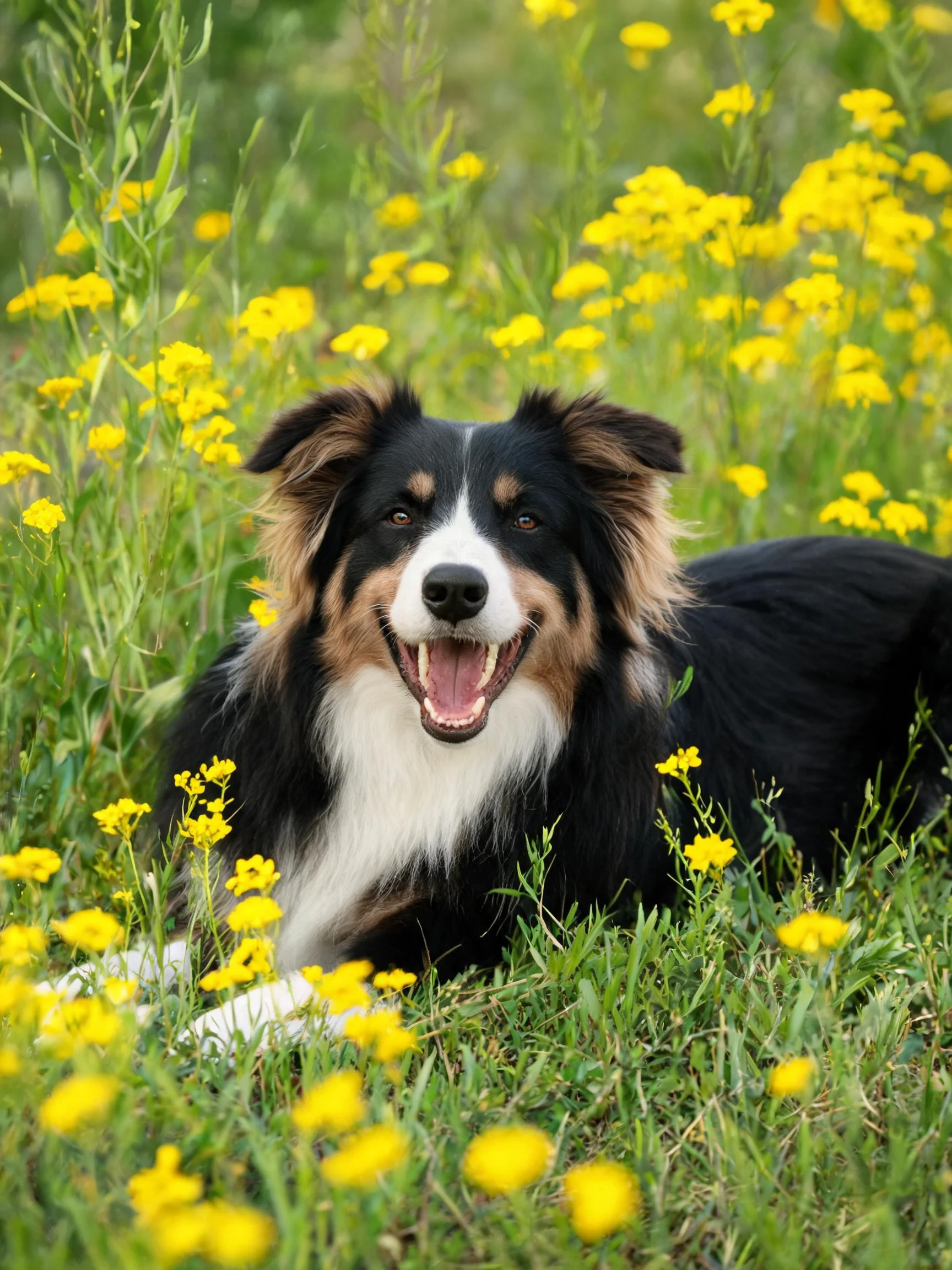 黑白棕相间的边境牧羊犬张嘴躺在花丛中,白色胸部毛发清晰可见。