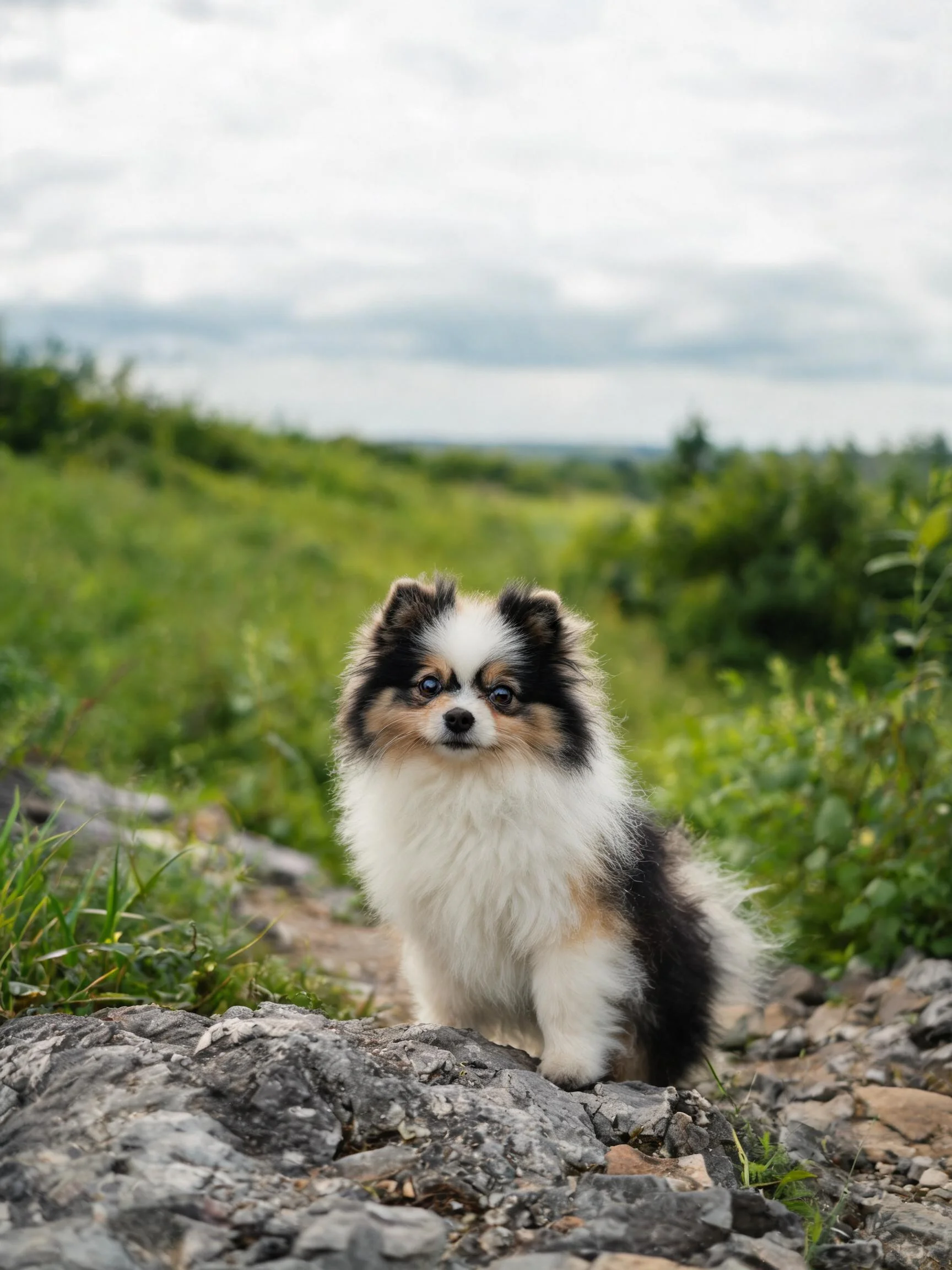 黑棕白相间的博美犬坐在岩石上,蓬松的毛发清晰可见。