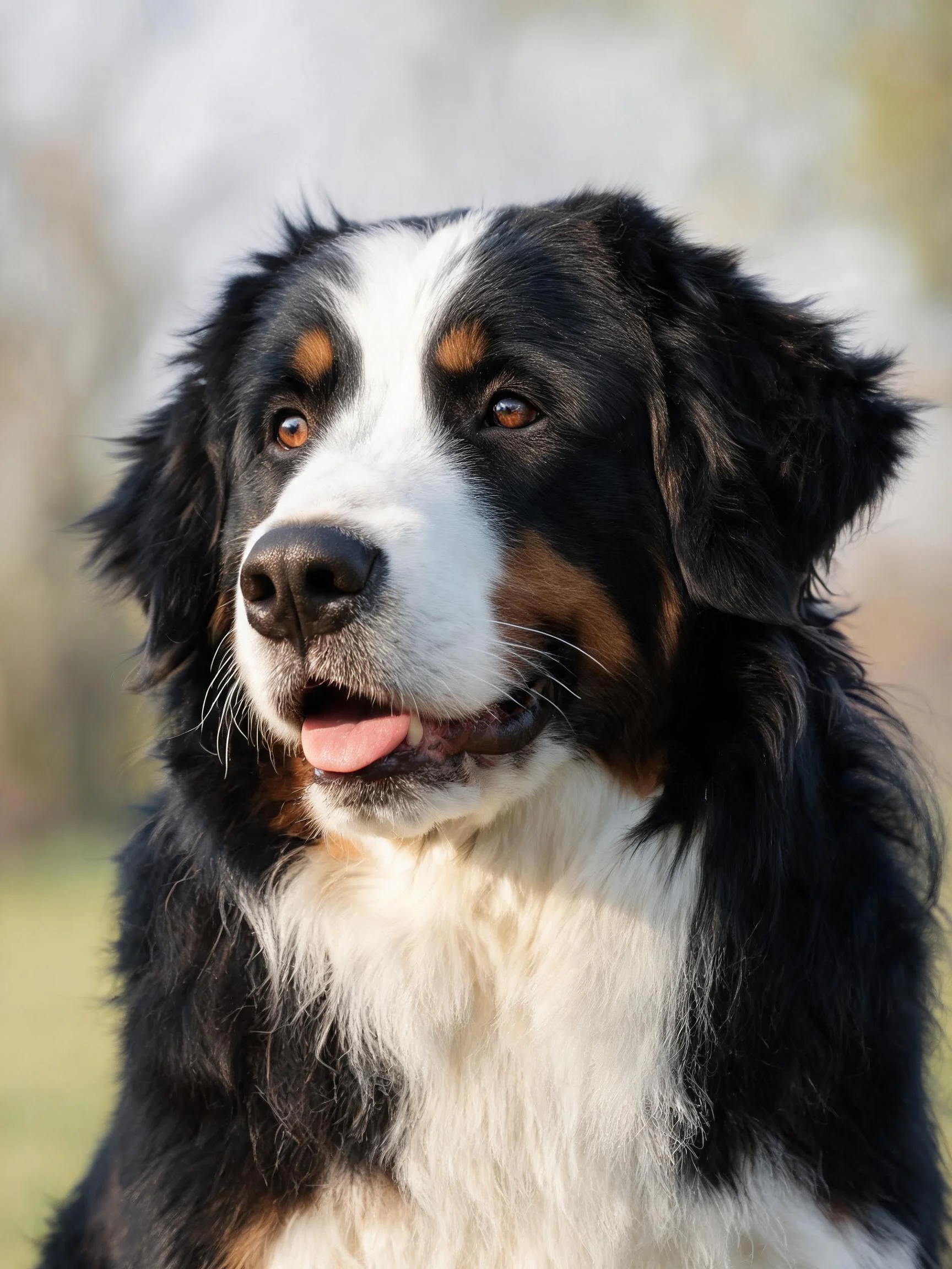 伯恩山犬有着黑白棕相间的毛发,舌头微微伸出,处于户外环境中。