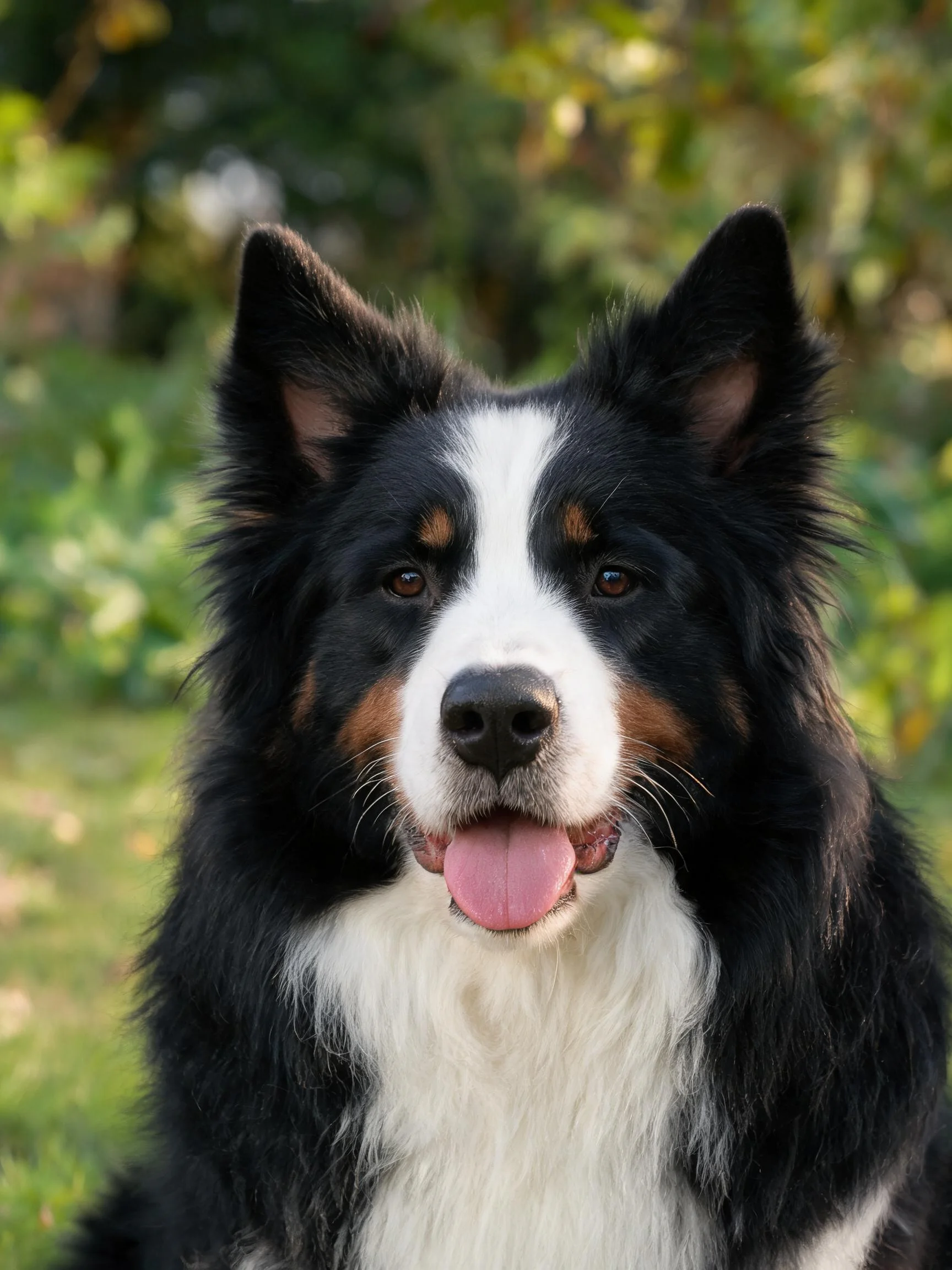 这只边境牧羊犬有着黑白棕三色被毛,粉红色舌头清晰可见,处于阳光照耀下的环境里。
