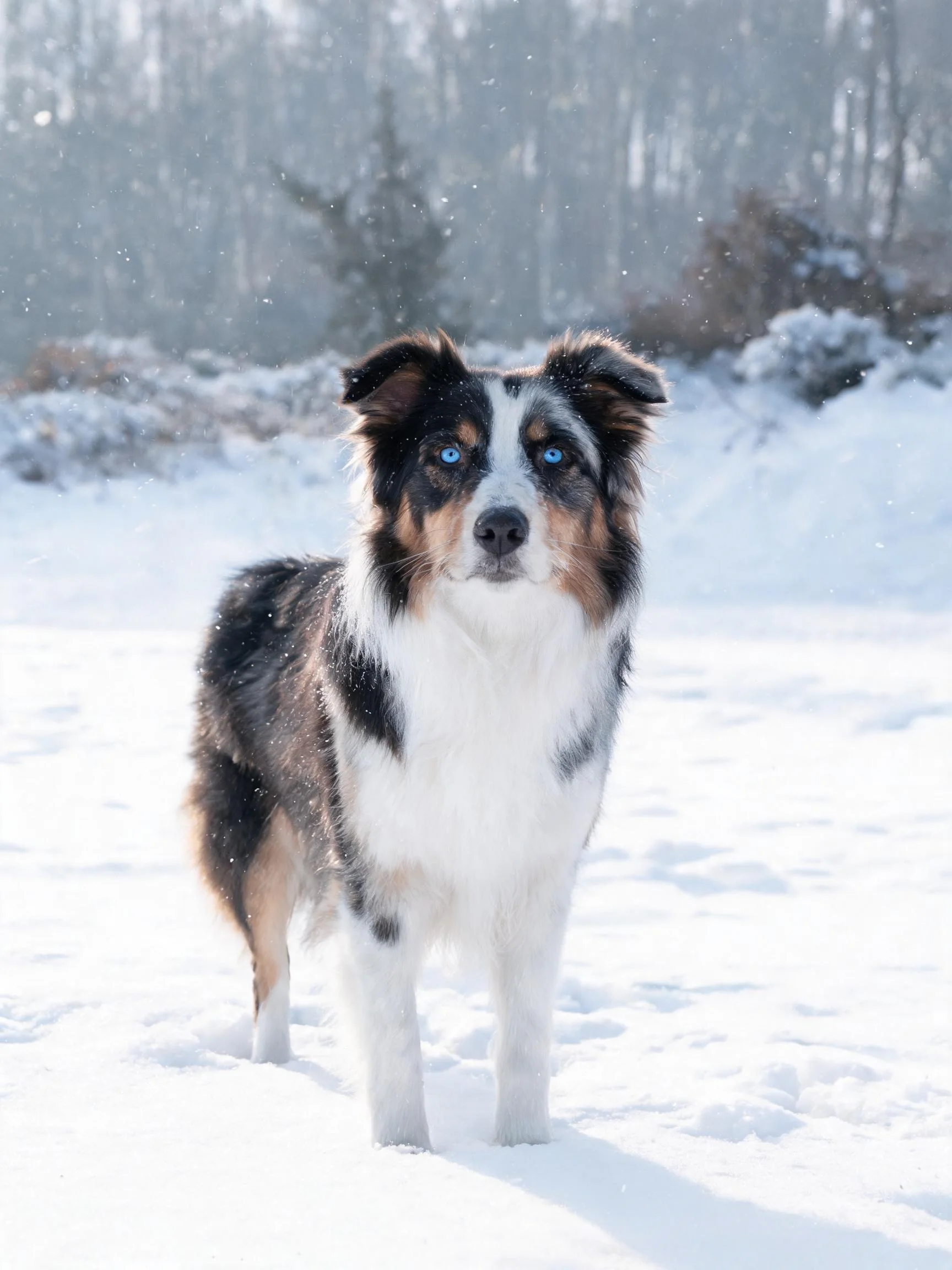 一只蓝眼睛的三色澳大利亚牧羊犬安静地站立在雪地上,毛发呈现黑、白、棕相间的纹理。